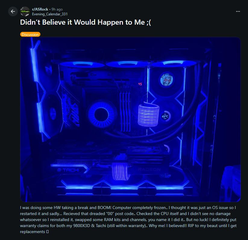 Défaillance d'un Ryzen 7 9800X3D sur une ASRock X870E Taichi.