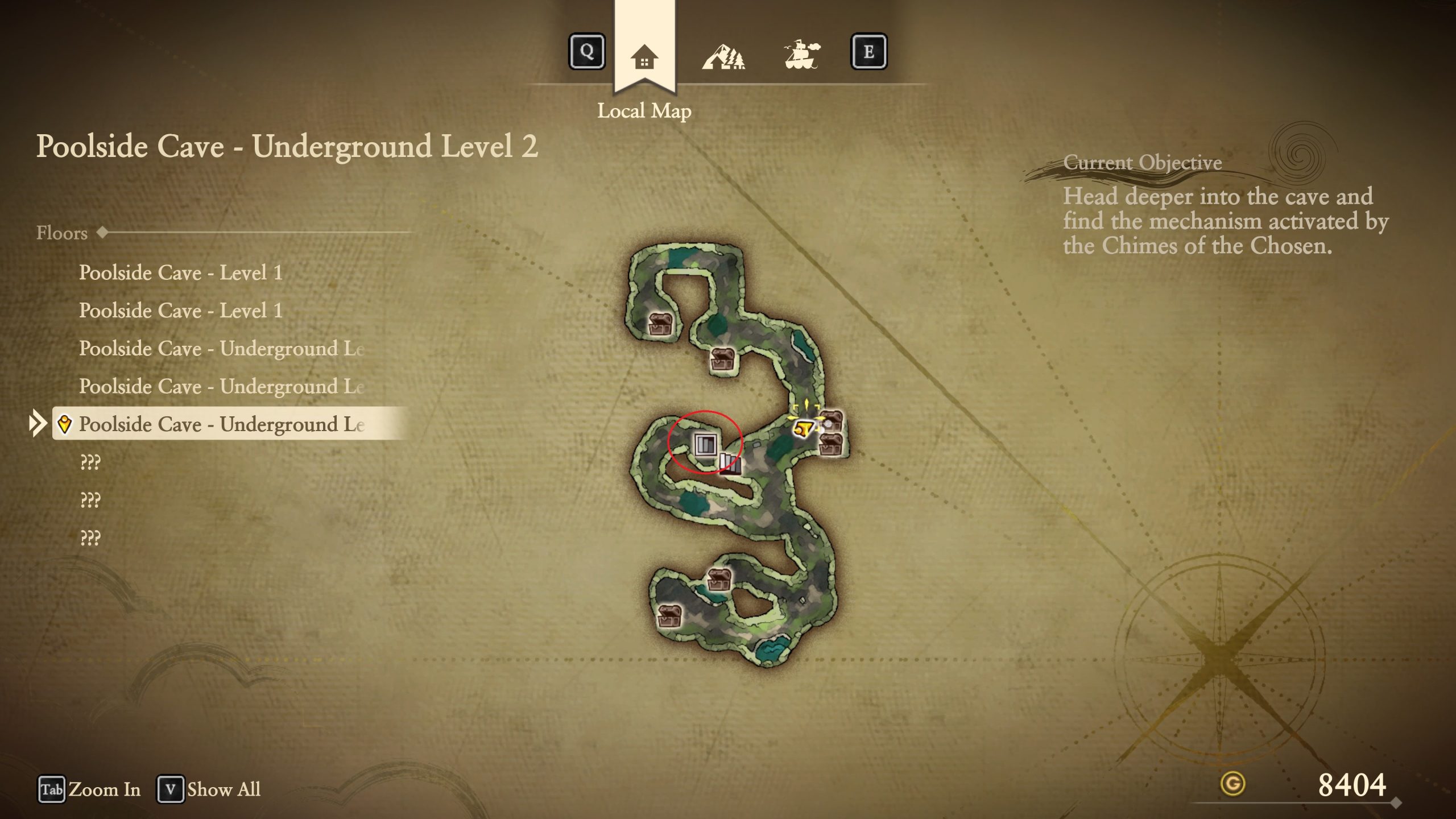 Carte de Dragon Quest VII Reimagined montrant les prochaines étapes dans Poolside Cave.