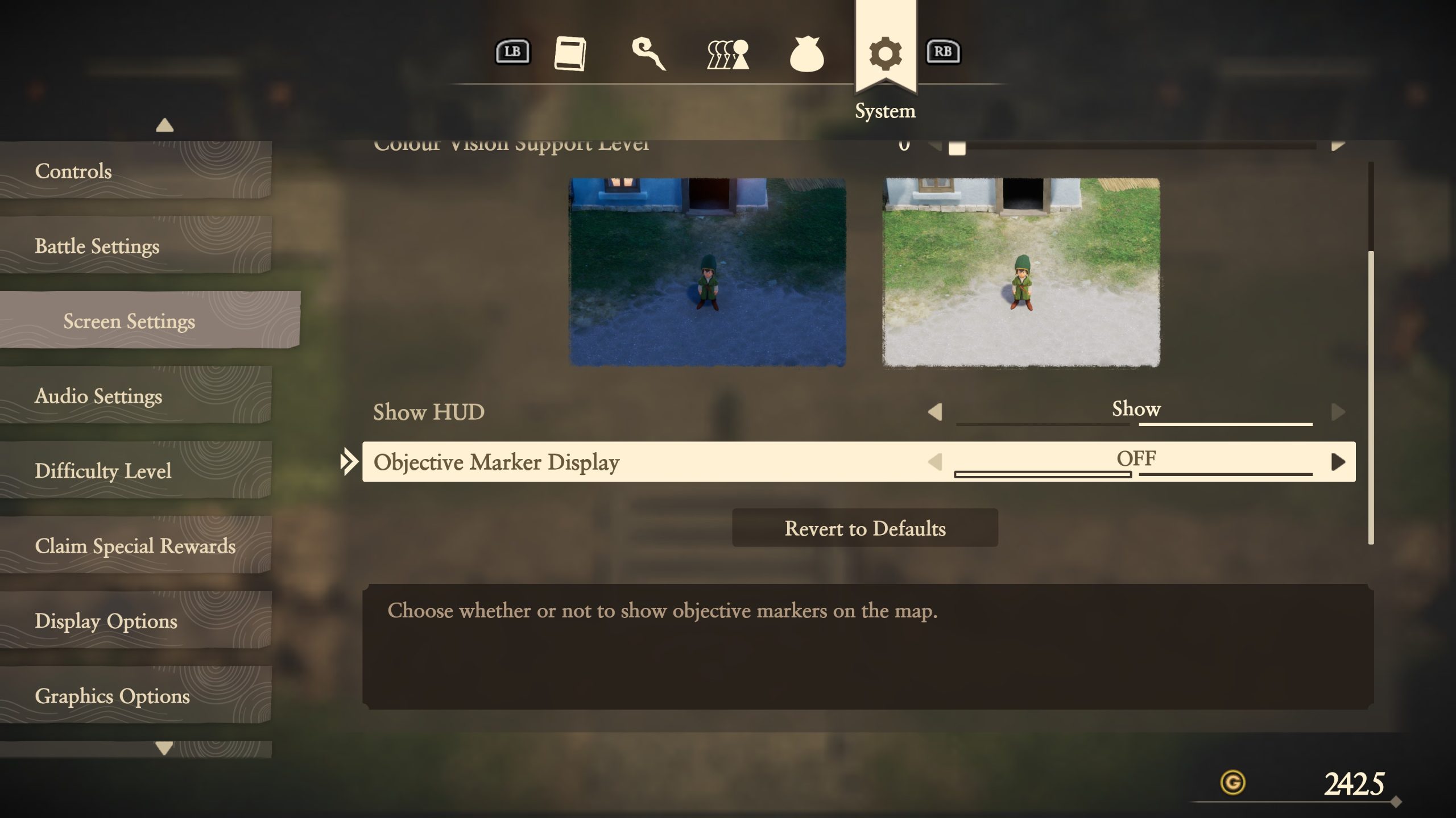 Menu de réglages de Dragon Quest VII Reimagined affichant l'option 'Marqueur d'Objectif' réglée sur 'OFF'.