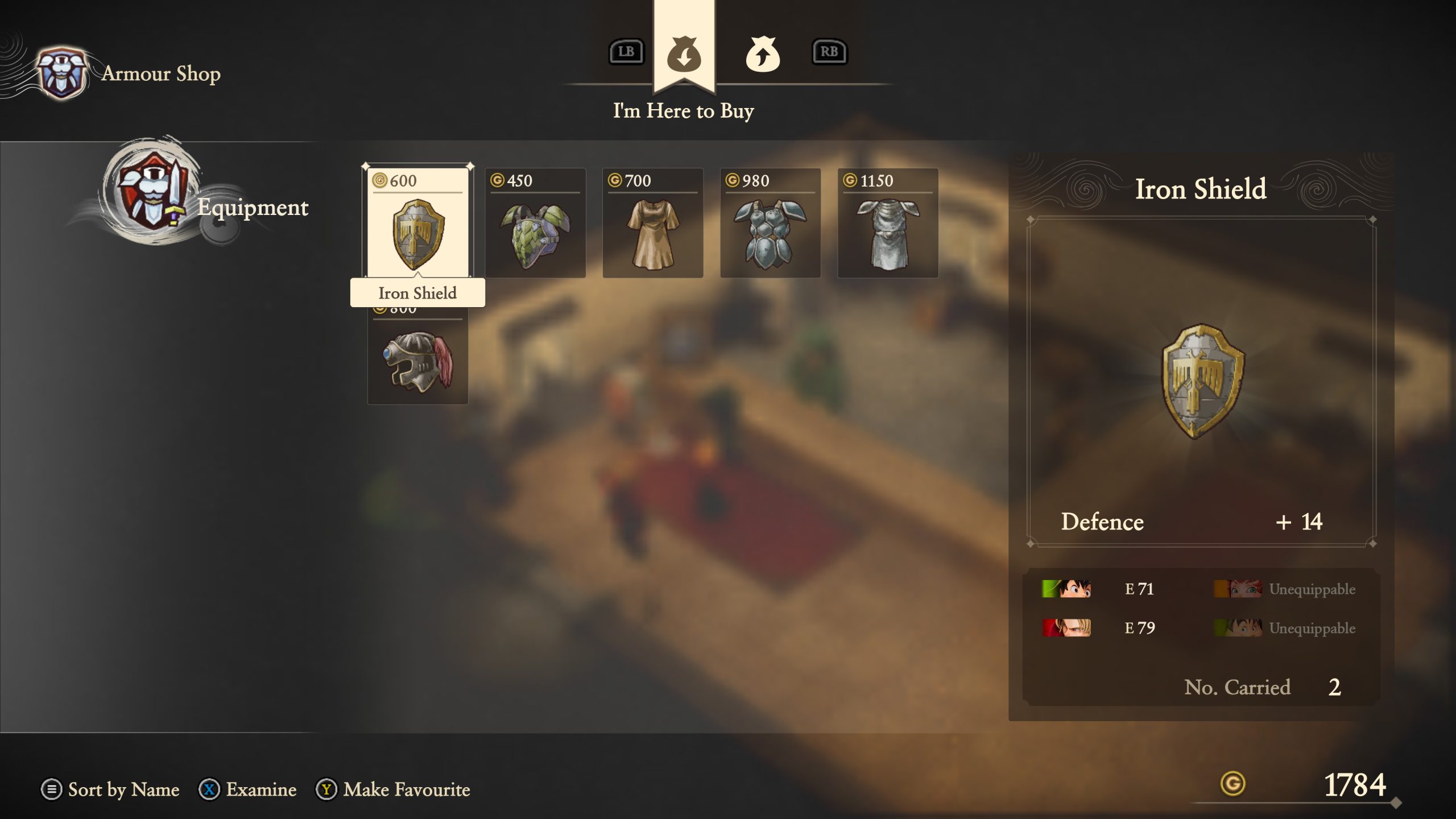 Écran d'achat montrant l'Armure de Fer et ses caractéristiques.