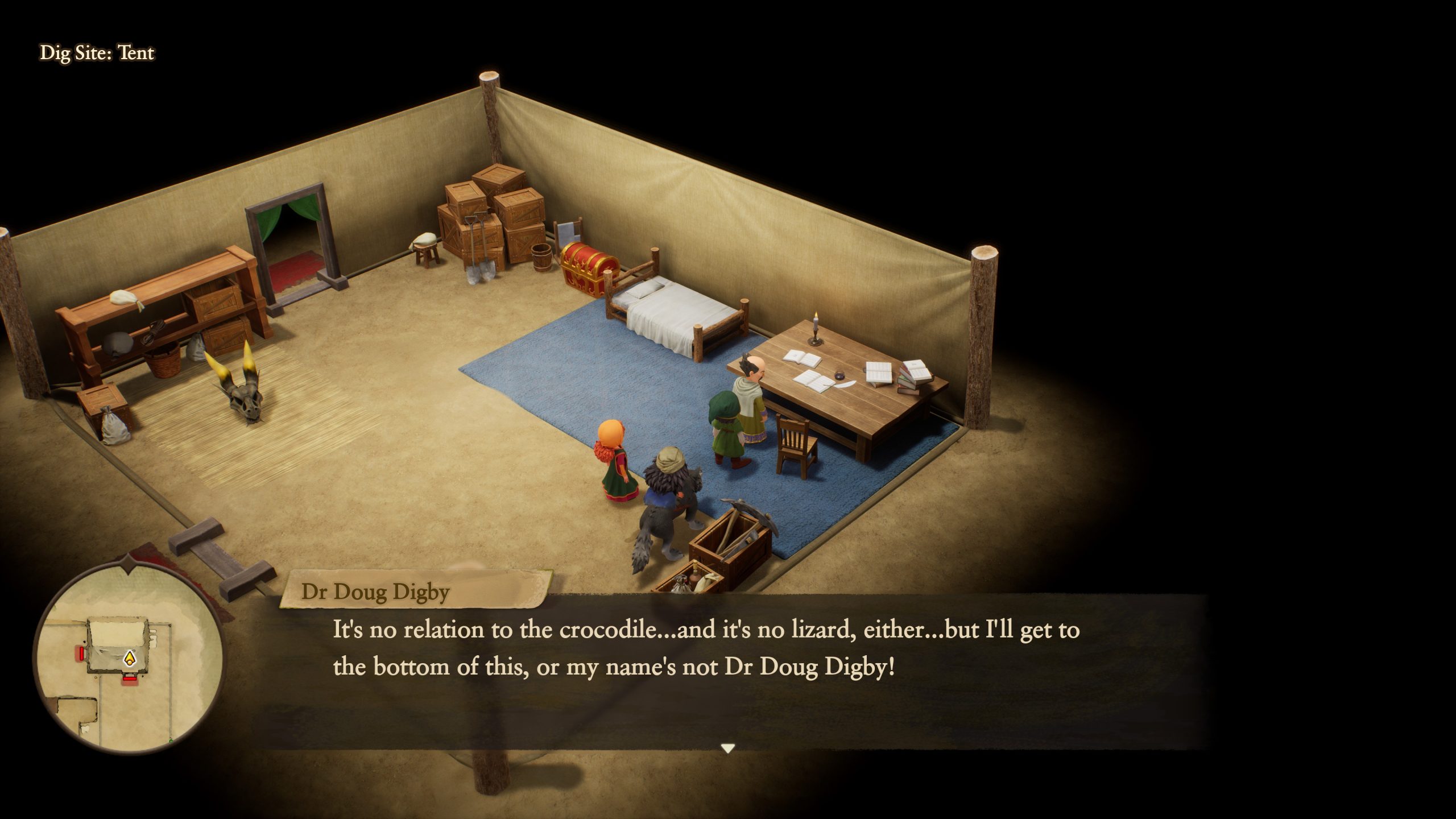 Scène du site de fouilles avec des personnages et une citation du Dr Doug Digby.