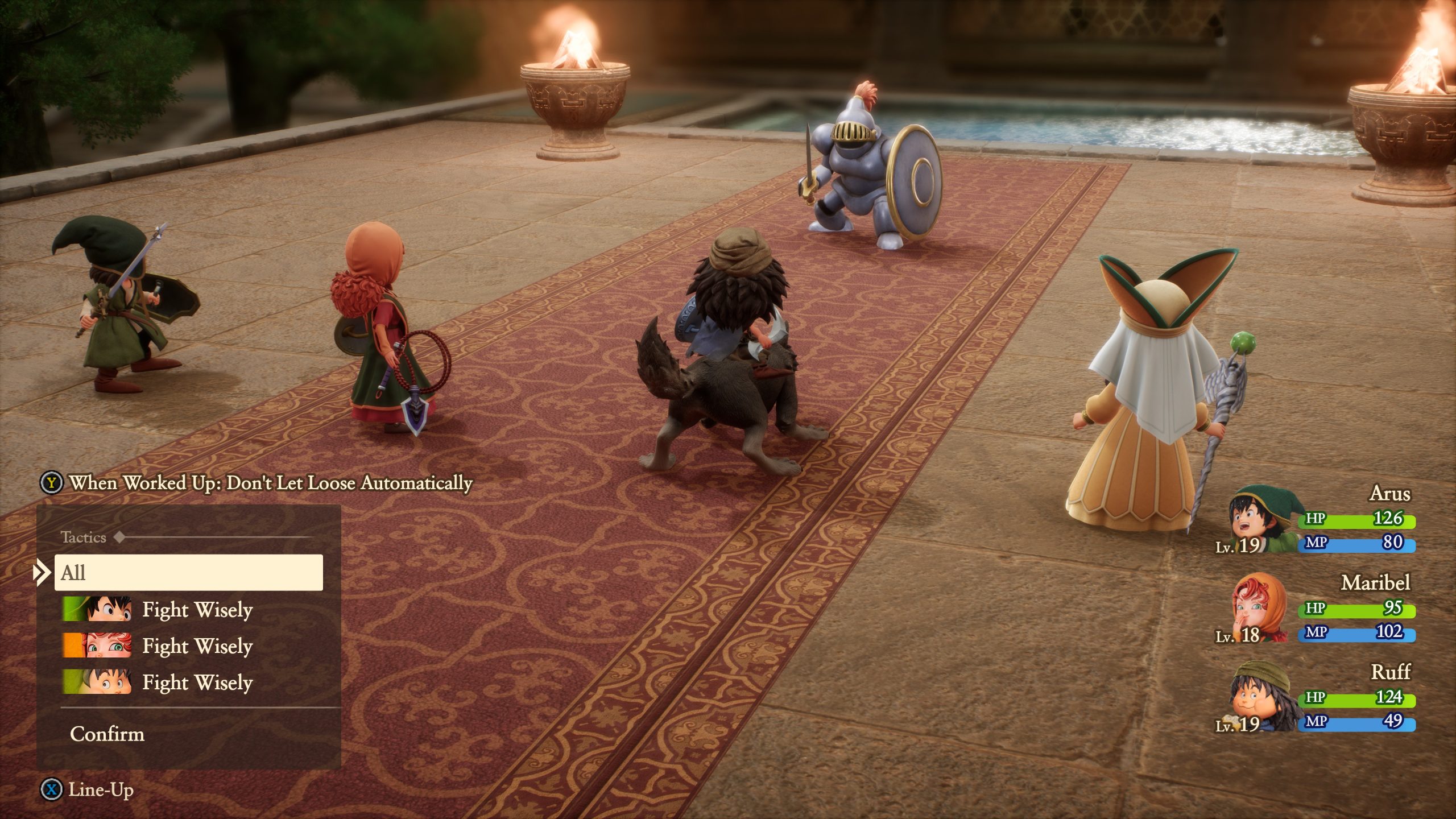 Scène de combat avec un chevalier et quatre personnages, options tactiques affichées.