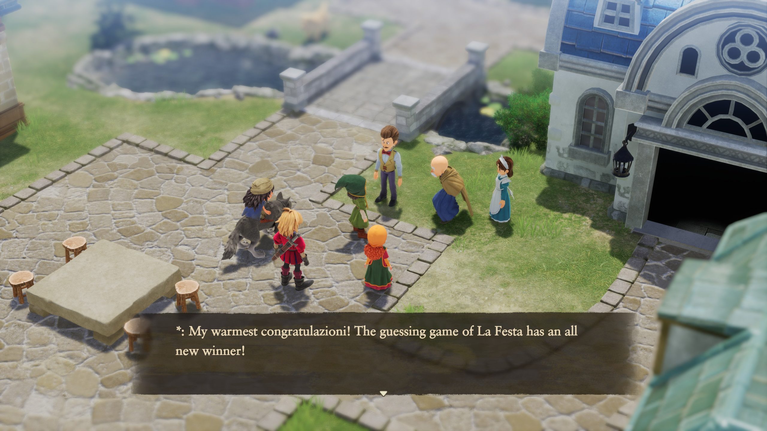 Un groupe de personnages dans un village, avec un message de félicitations.