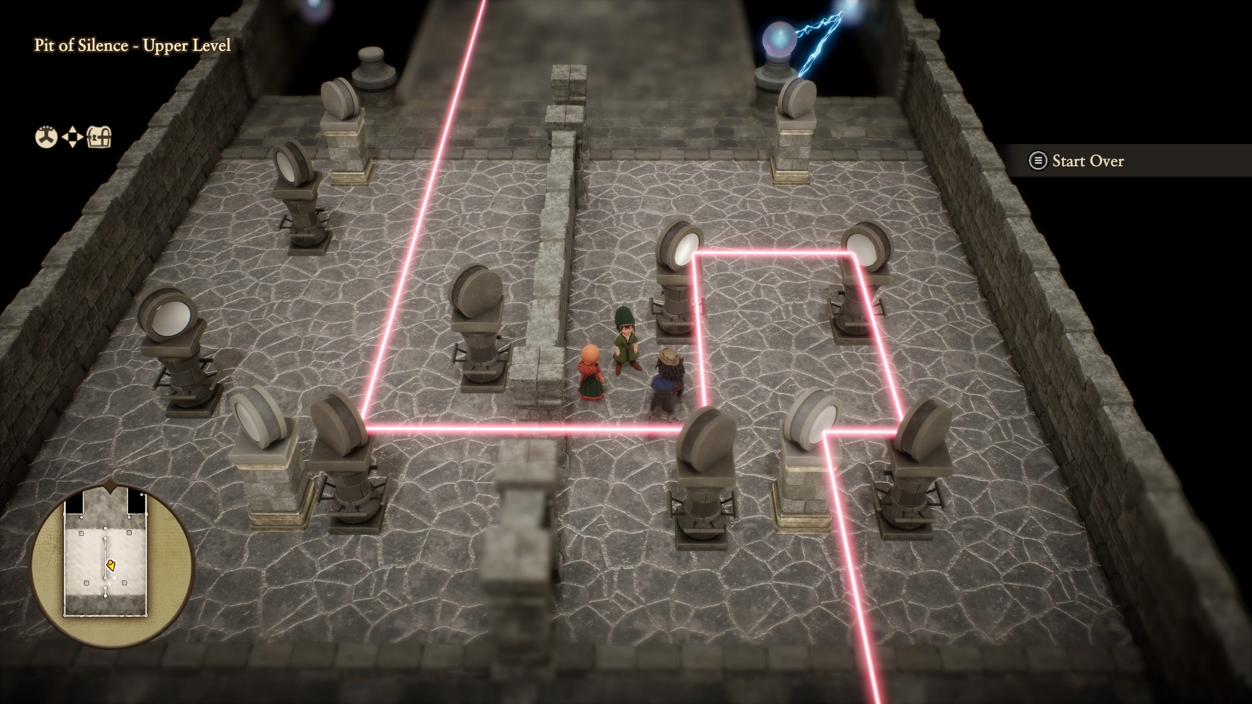 Trois personnages résolvent un casse-tête avec des statues tournantes dans 'Pit of Silence - Upper Level'.