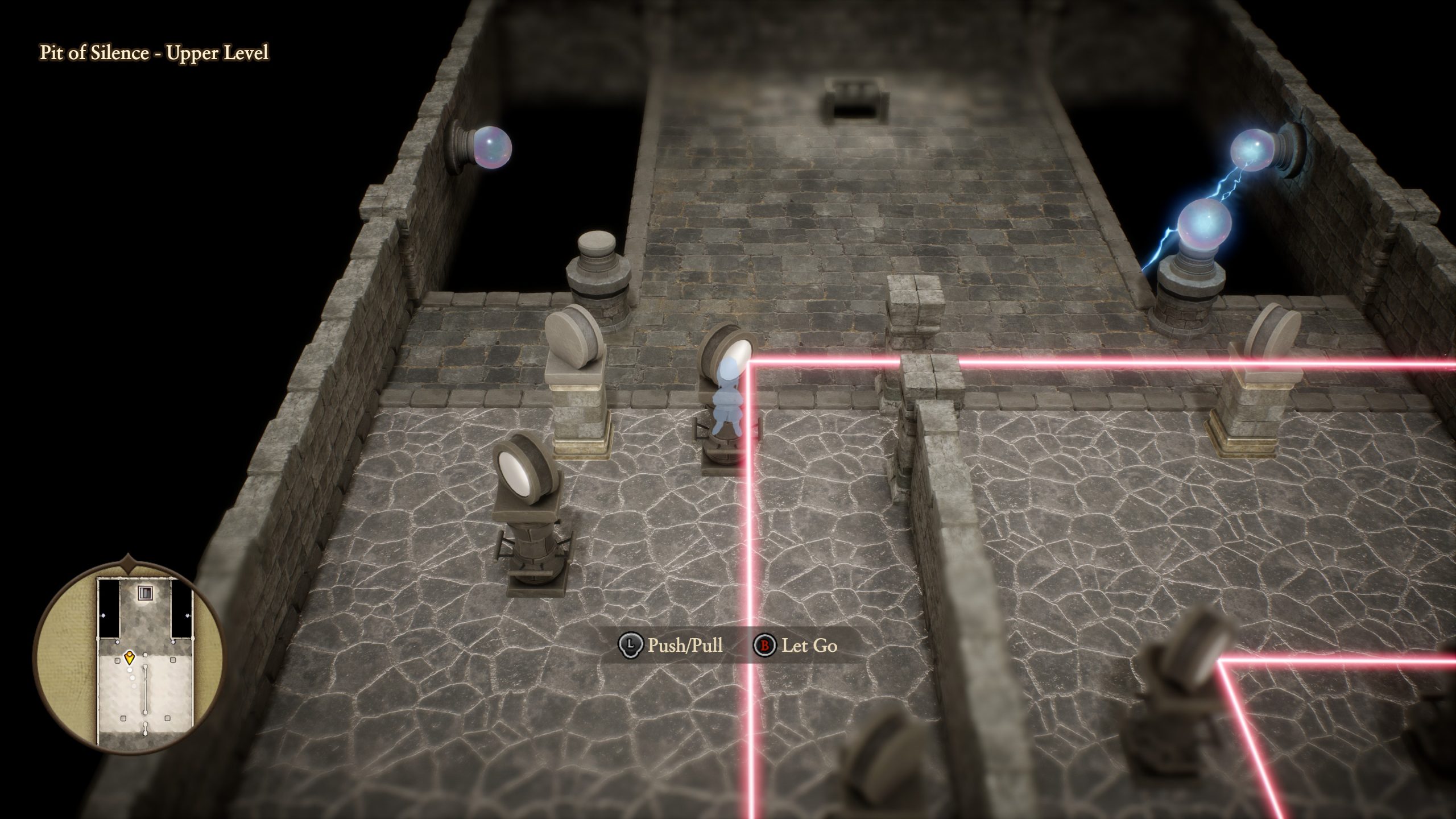 Un personnage déplace un pilier en pierre le long d'un chemin laser rose dans le dungeon intitulé 'Pit of Silence - Upper Level'.