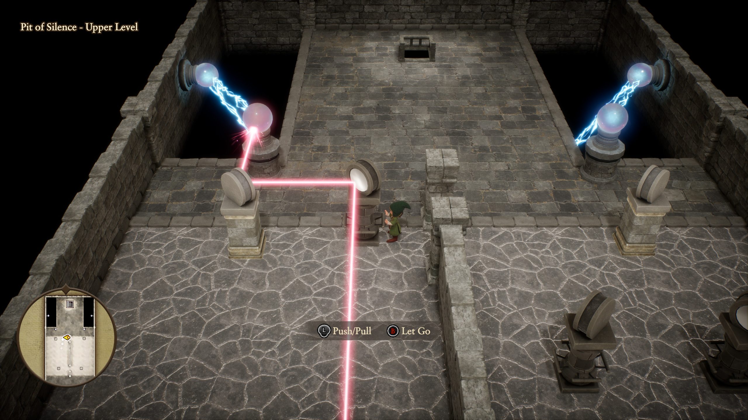 Le protagoniste de Dragon Quest VII interagit avec un casse-tête à rayons laser dans le 'Pit of Silence - Upper Level'.