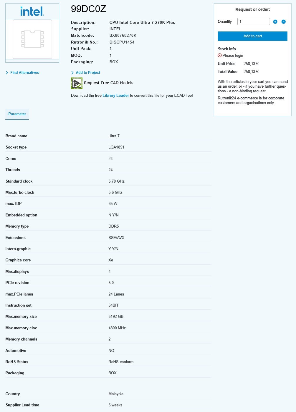La page produit d'Intel avec les spécifications du Core Ultra 7 270K Plus