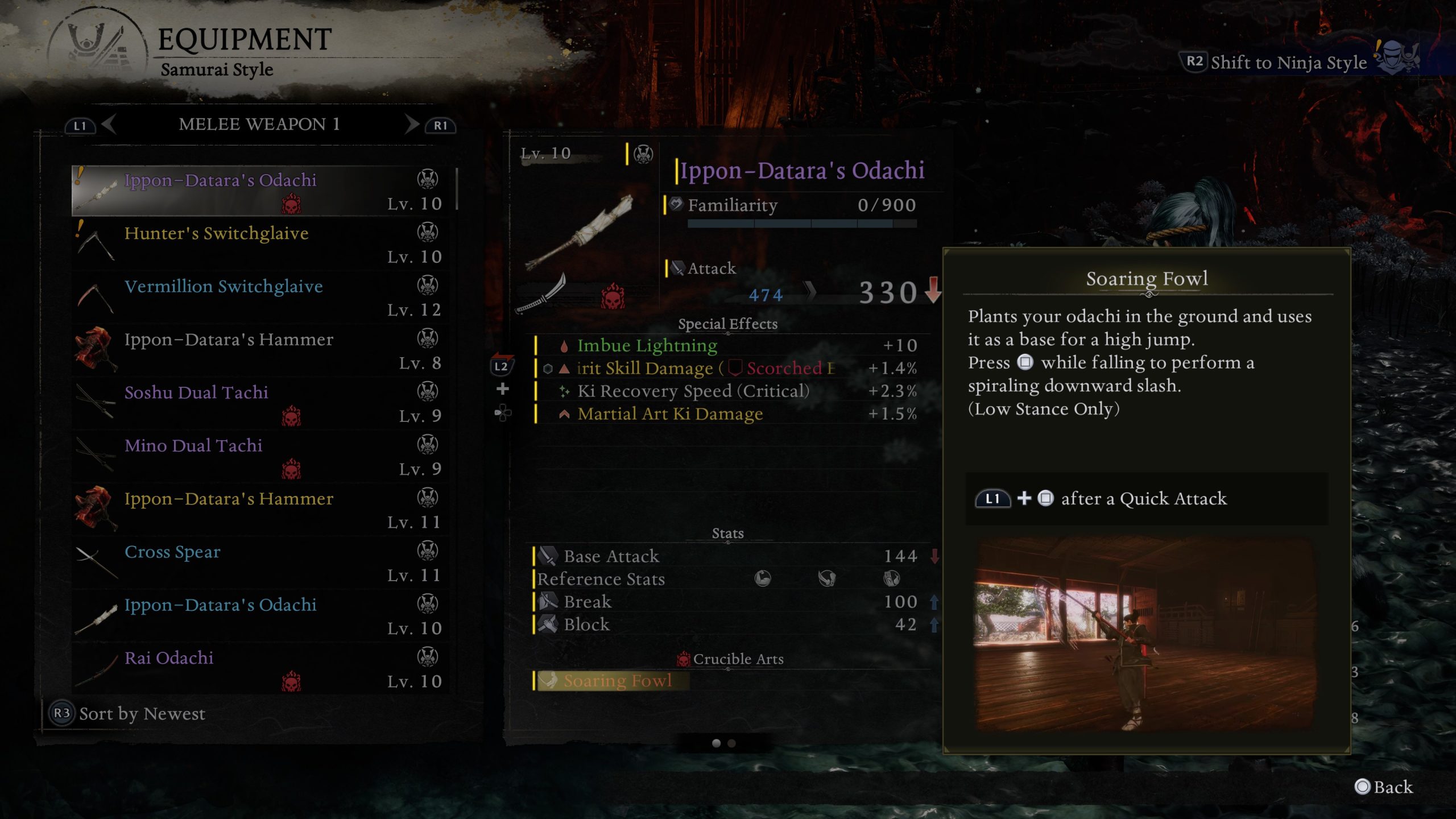 L'interface de Nioh 3 montre le menu d'équipement avec 'Ippon-Datara's Odachi' à Lv. 10