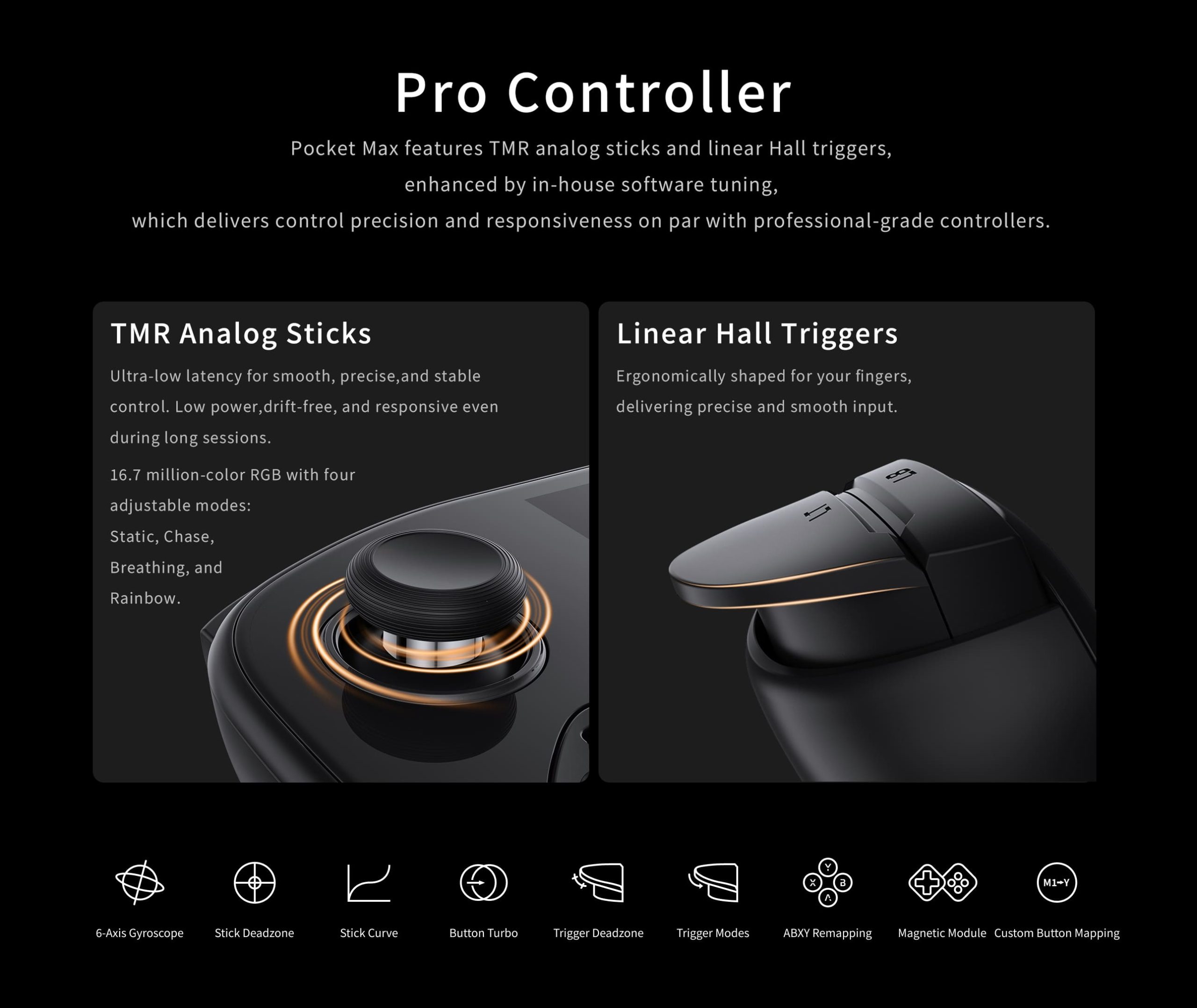 The image shows a Pro Controller featuring TMR Analog Sticks with RGB