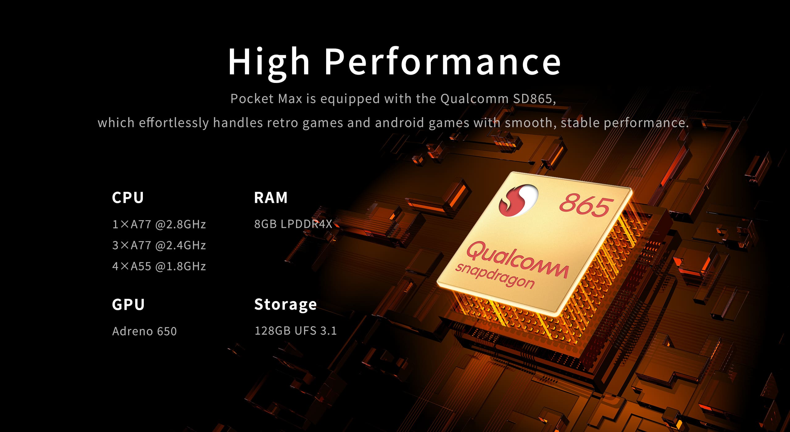 The image displays a presentation slide titled 'High Performance' featuring the Qualcomm Snapdragon 865 chip