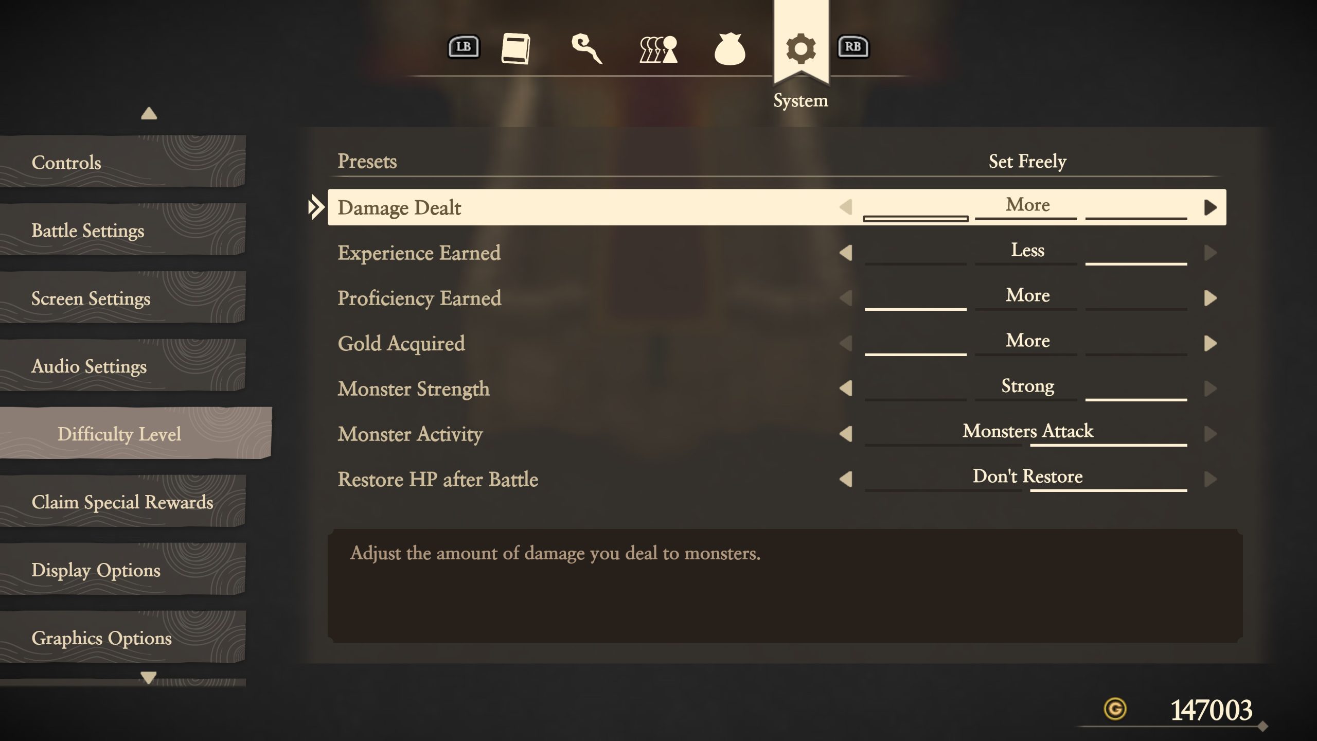 L'écran montre le menu 'Niveau de Difficulté' dans Dragon Quest VII Reimagined, mettant en évidence 'Dégâts infligés' réglé sur 'Plus' avec des options d'ajustement