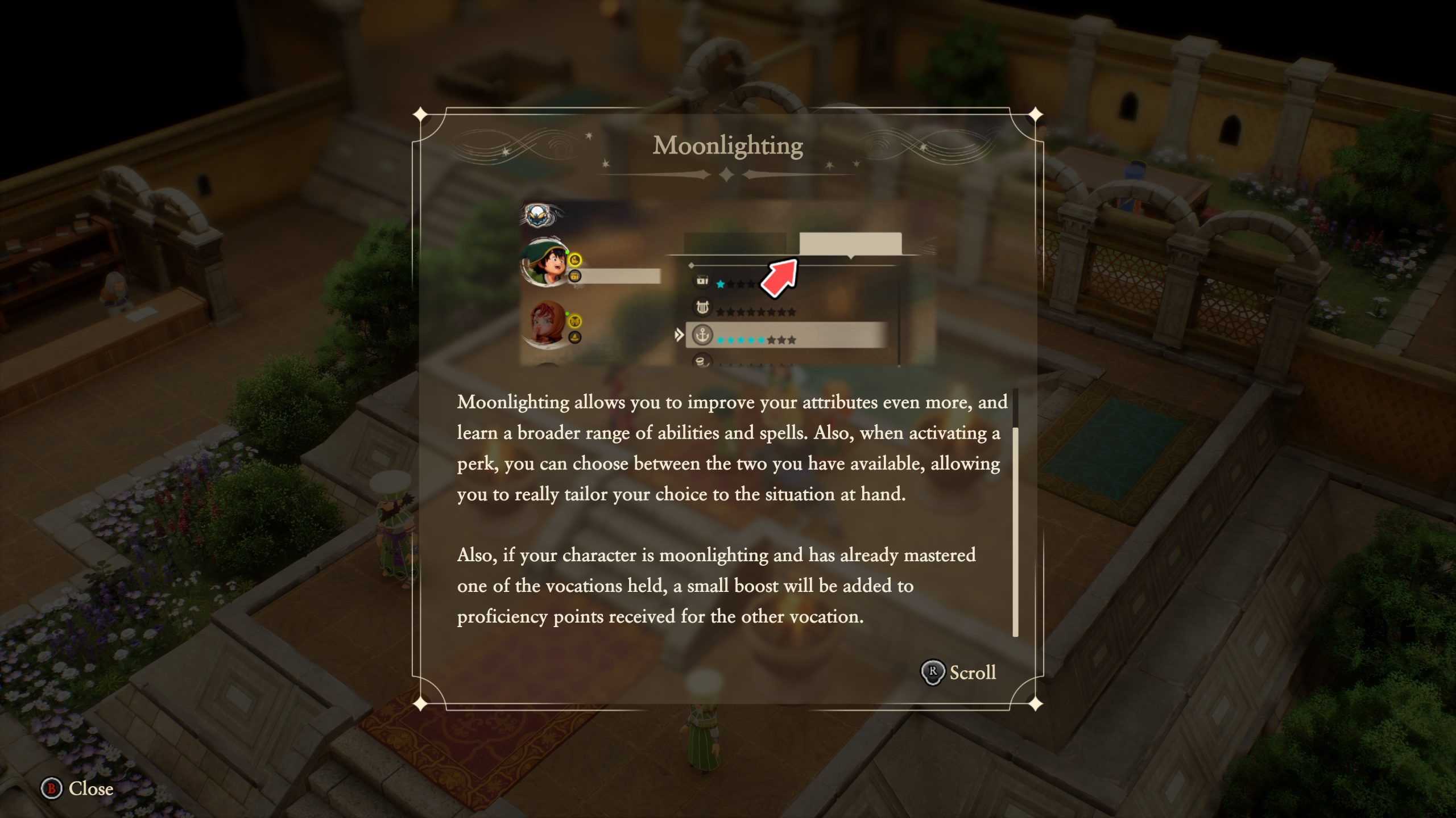 Un écran de Dragon Quest VII Reimagined montre un menu intitulé 'Moonlighting' avec des icônes de personnages et indique une description sur l'amélioration