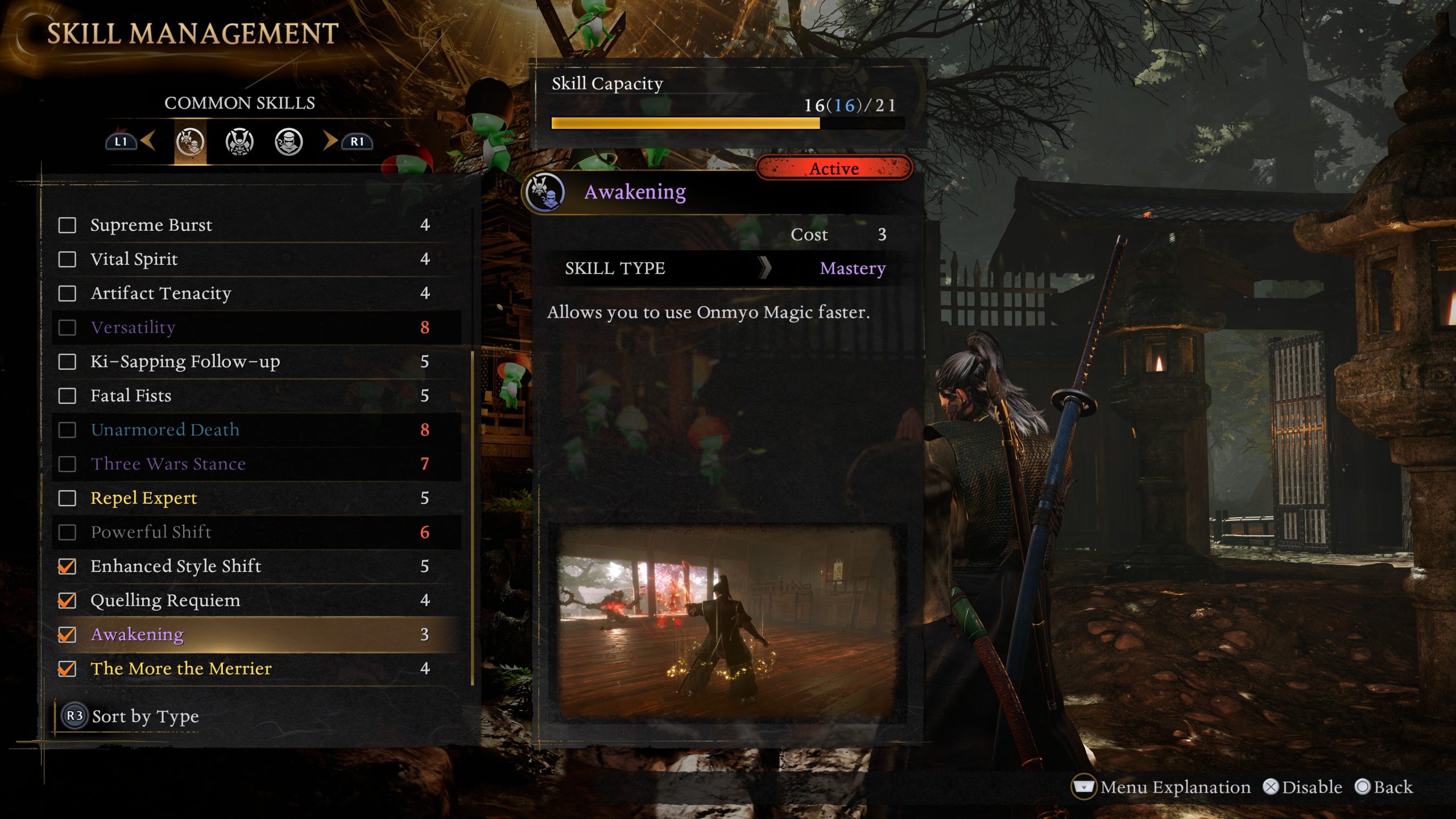 Écran de gestion des compétences dans Nioh 3