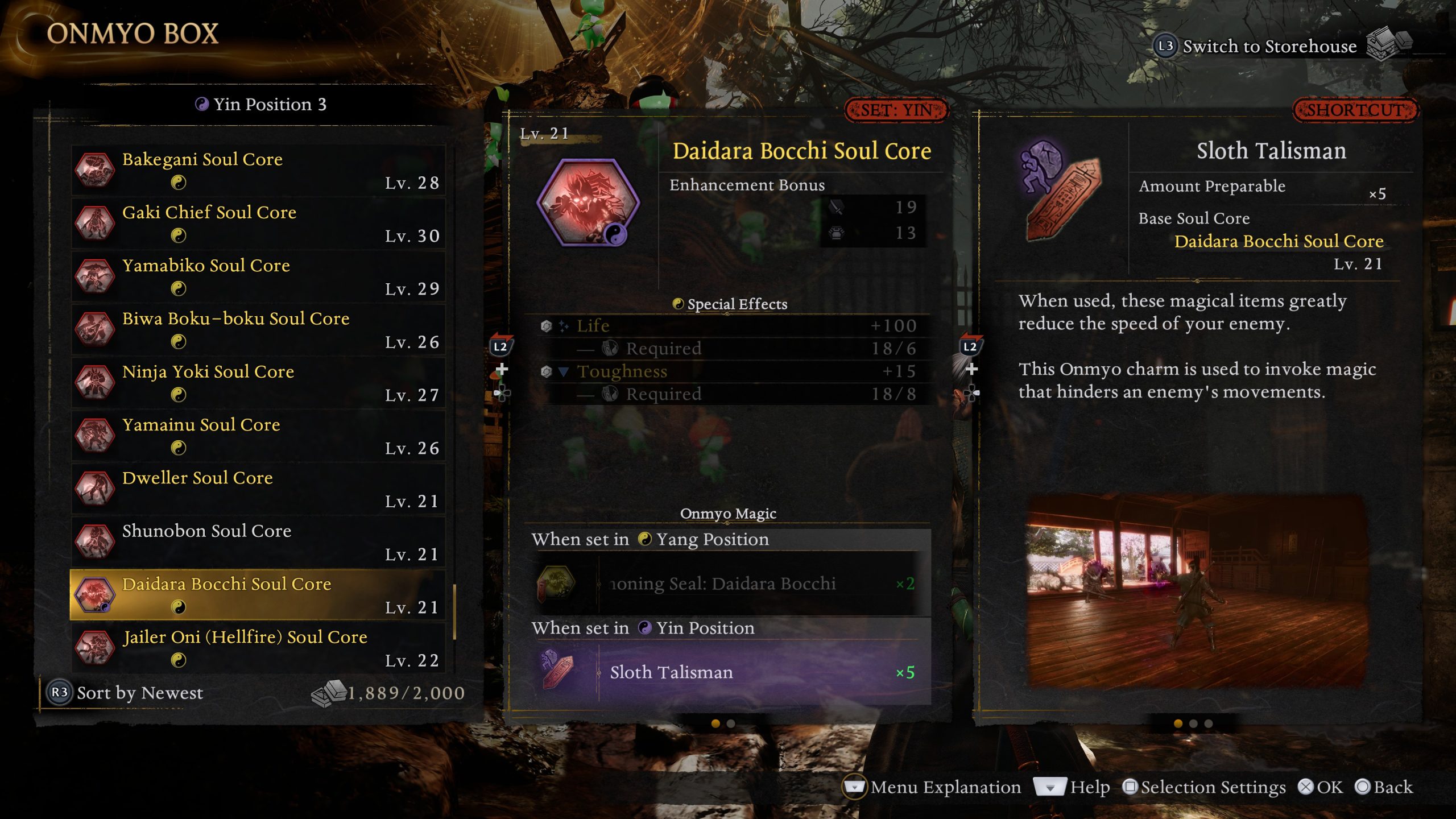 Menu affichant le 'Daidara Bocchi Soul Core'