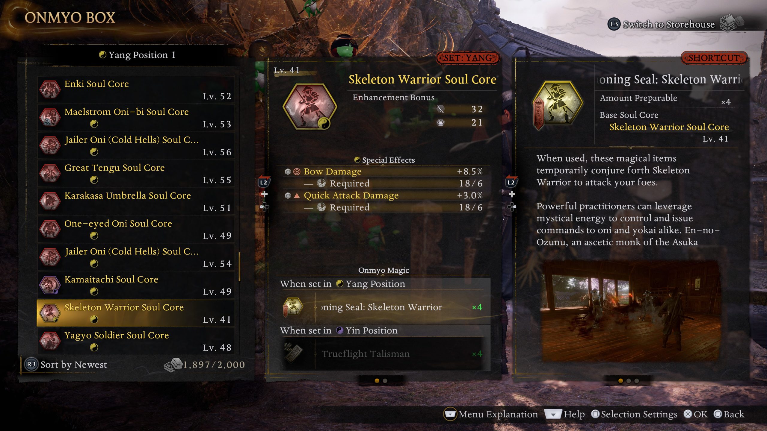 Dans l'interface de Nioh 3, le menu de Boîte Onmyo affiche le Cœur d'Âme du Guerrier Squelette