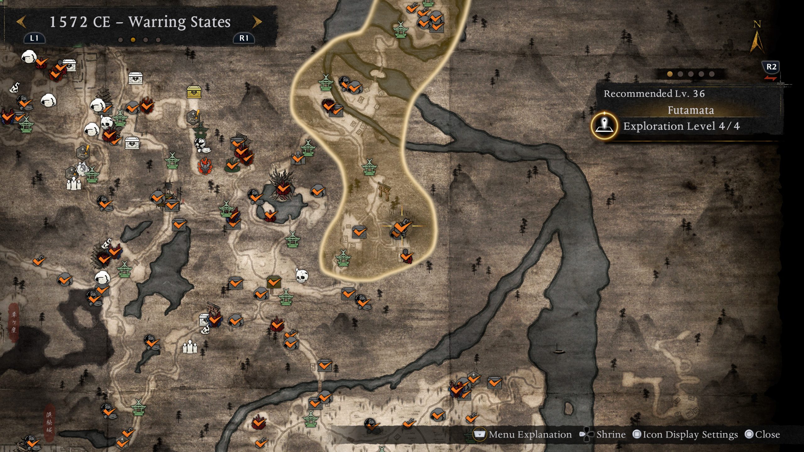 Une carte du jeu 'Nioh 3' montre l'ère '1572 CE - États en Guerre' avec des emplacements marqués, la zone mise en évidence