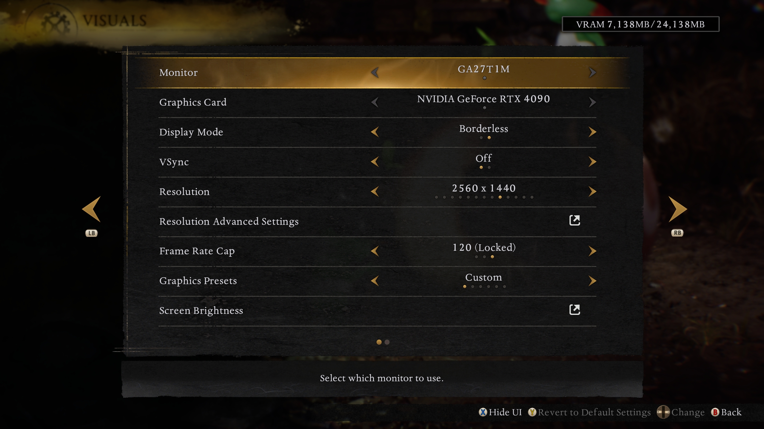 Un menu de paramètres de jeu montrant le modèle de moniteur et 'NVIDIA GeForce RTX 4090'.