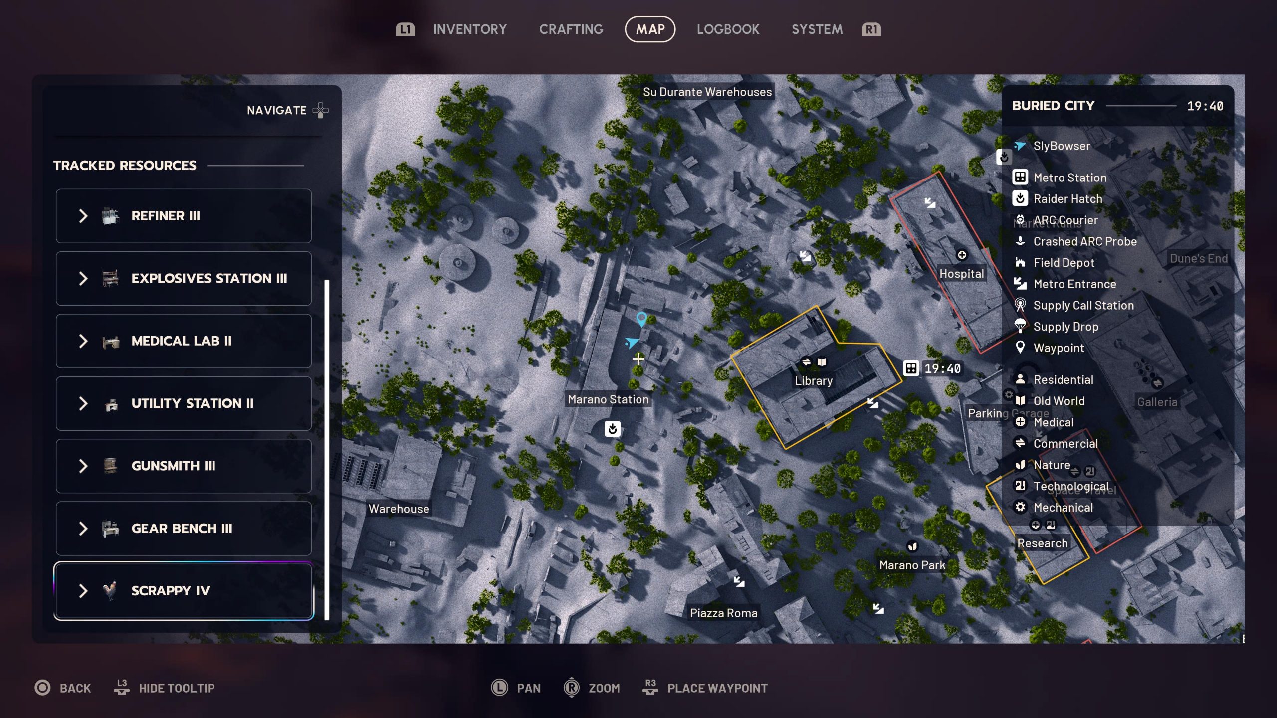 Un écran de carte d'un jeu vidéo montrant une vue de dessus de 'Buried City'.