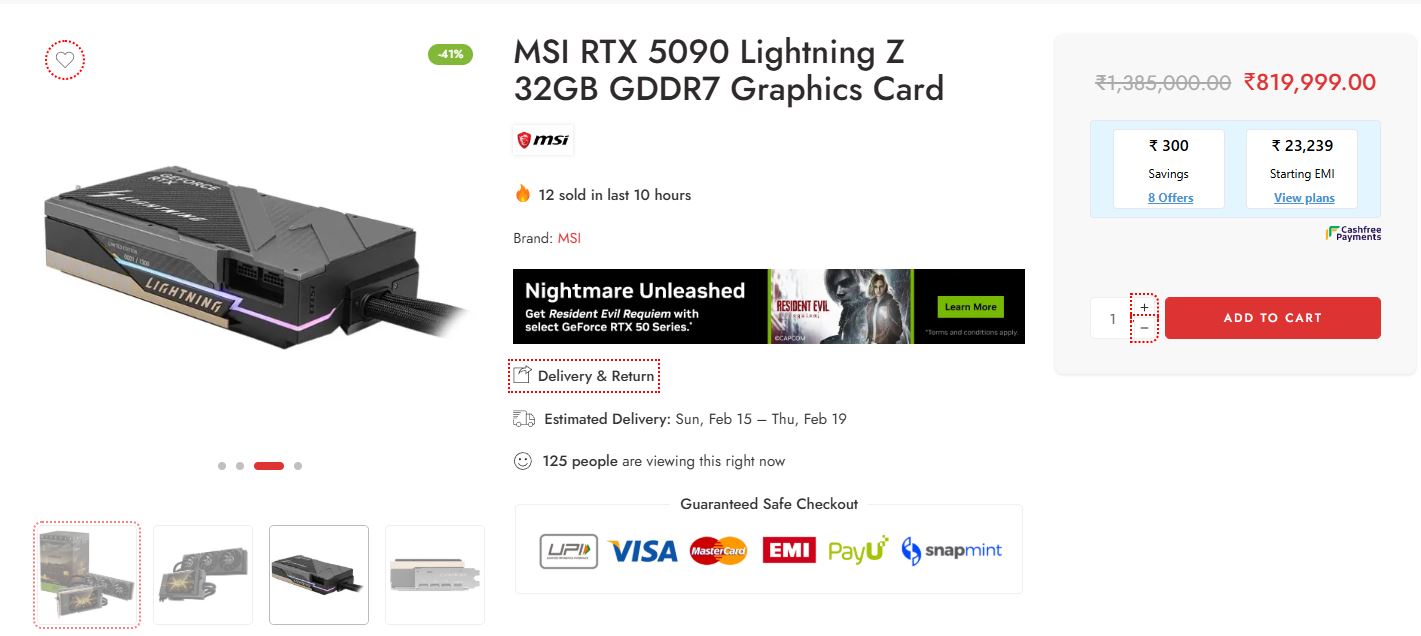 Carte graphique MSI RTX 5090 Lightning Z 32 Go GDDR7 affichée avec un prix de ₹819,999.00,