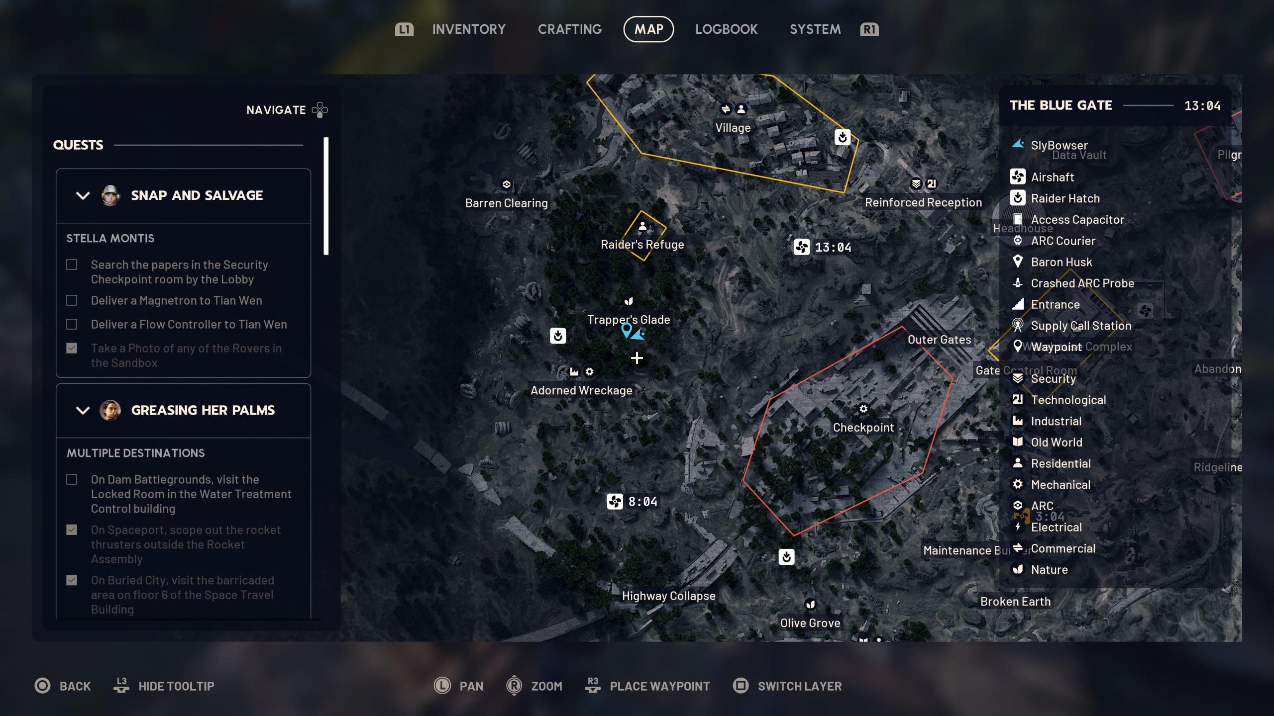 Interface de carte montrant des objectifs de quête