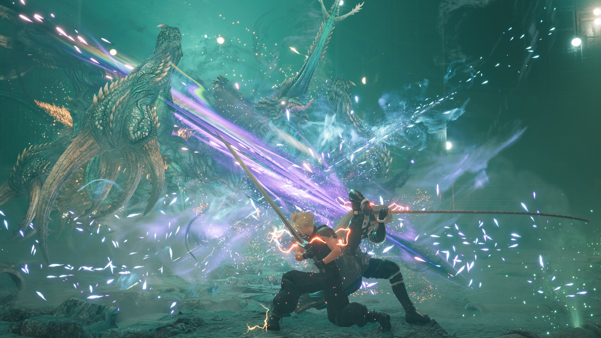 Cloud Strife et Sephiroth en plein combat dans Final Fantasy VII Remake.