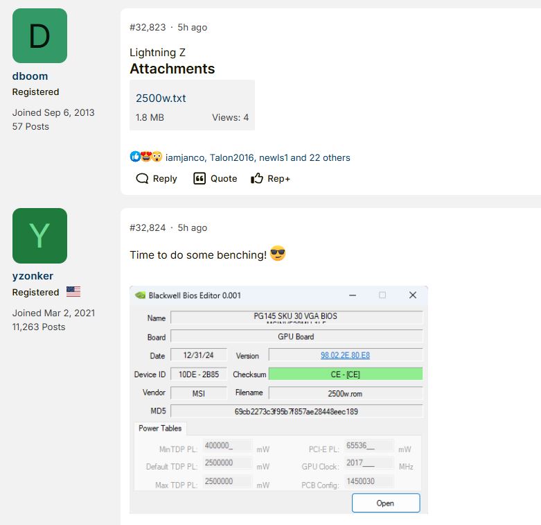 Détails affichés via 'Blackwell Bios Editor 0.001' pour le BIOS 'PG145 SKU 30 VGA'.