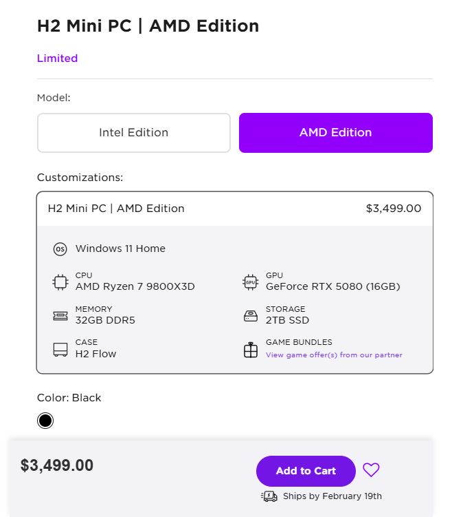 H2 Mini PC Edition AMD avec un CPU AMD Ryzen 7 9800X3D, GeForce RTX 5080 (16 Go), 32 Go de mémoire DDR5.