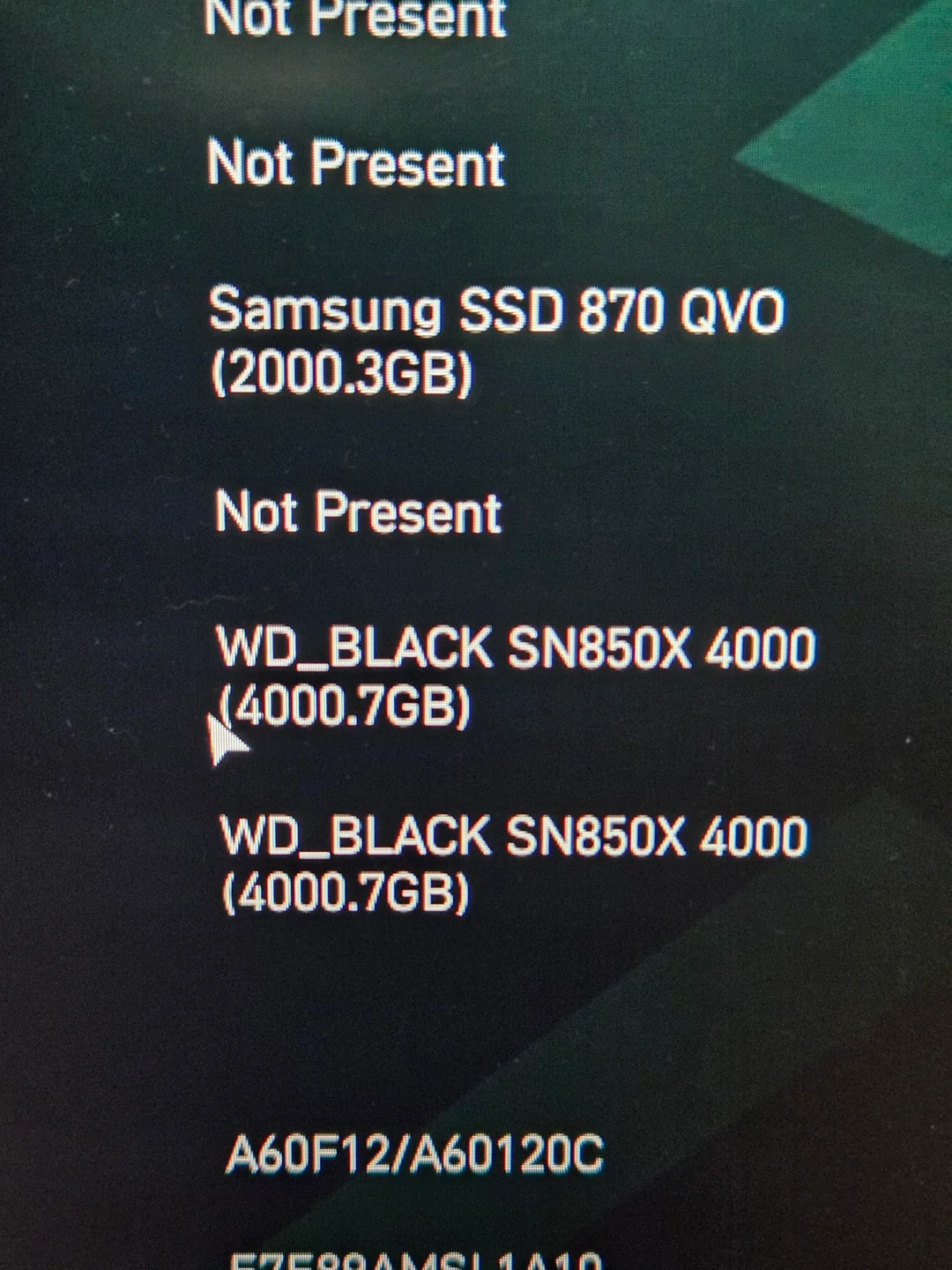 Écran de diagnostic système affichant des SSD de marque Samsung et WD.