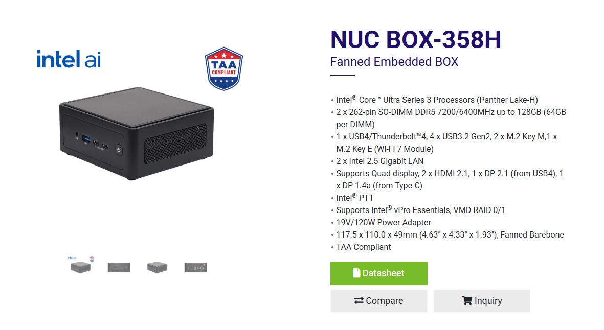 Intel NUC BOX-358H avec spécifications Intel Core Ultra