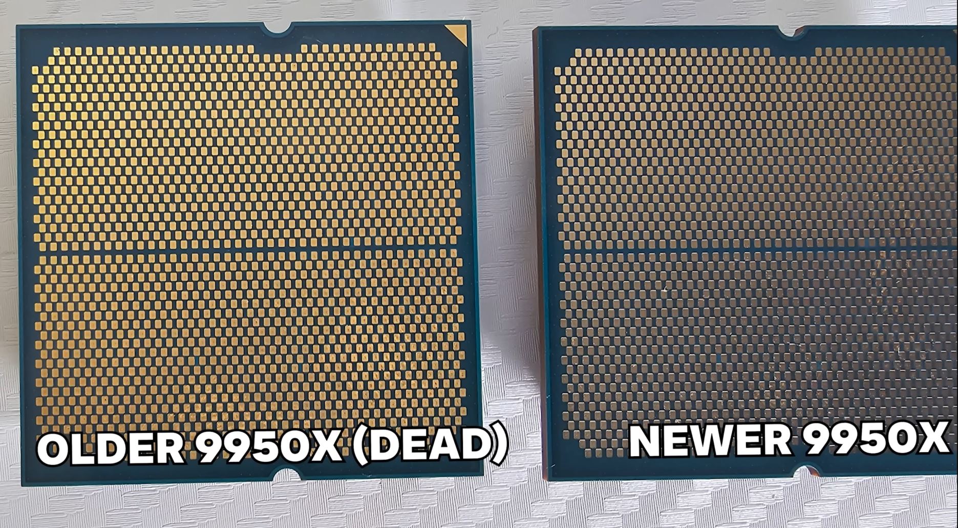 Deux processeurs, l'un étiqueté 'ANCIEN 9950X (DÉFUNT)'. 