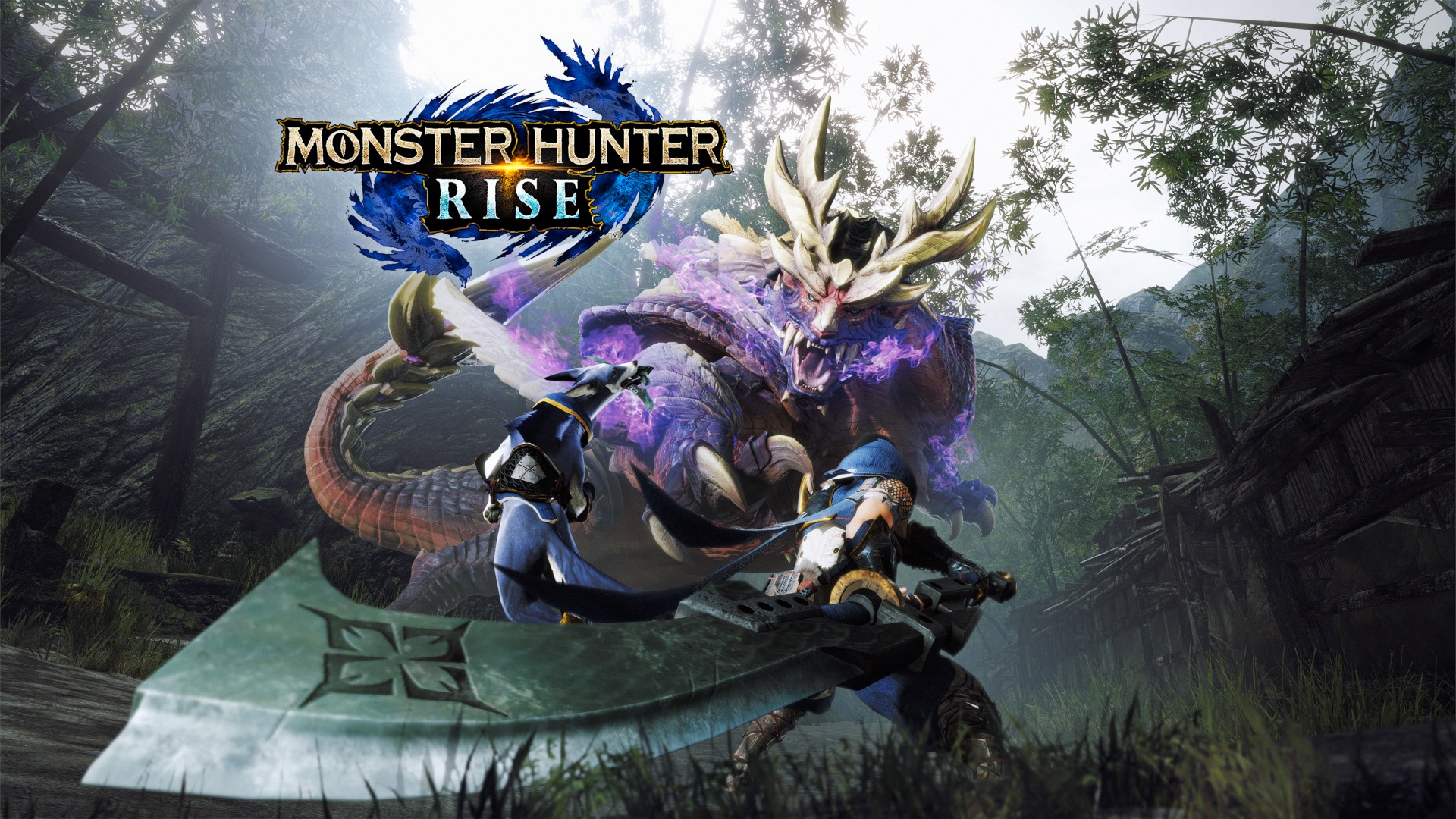 A hunter and a dog from Monster Hunter Rise attack a large dragon-like creature in a forested setting.