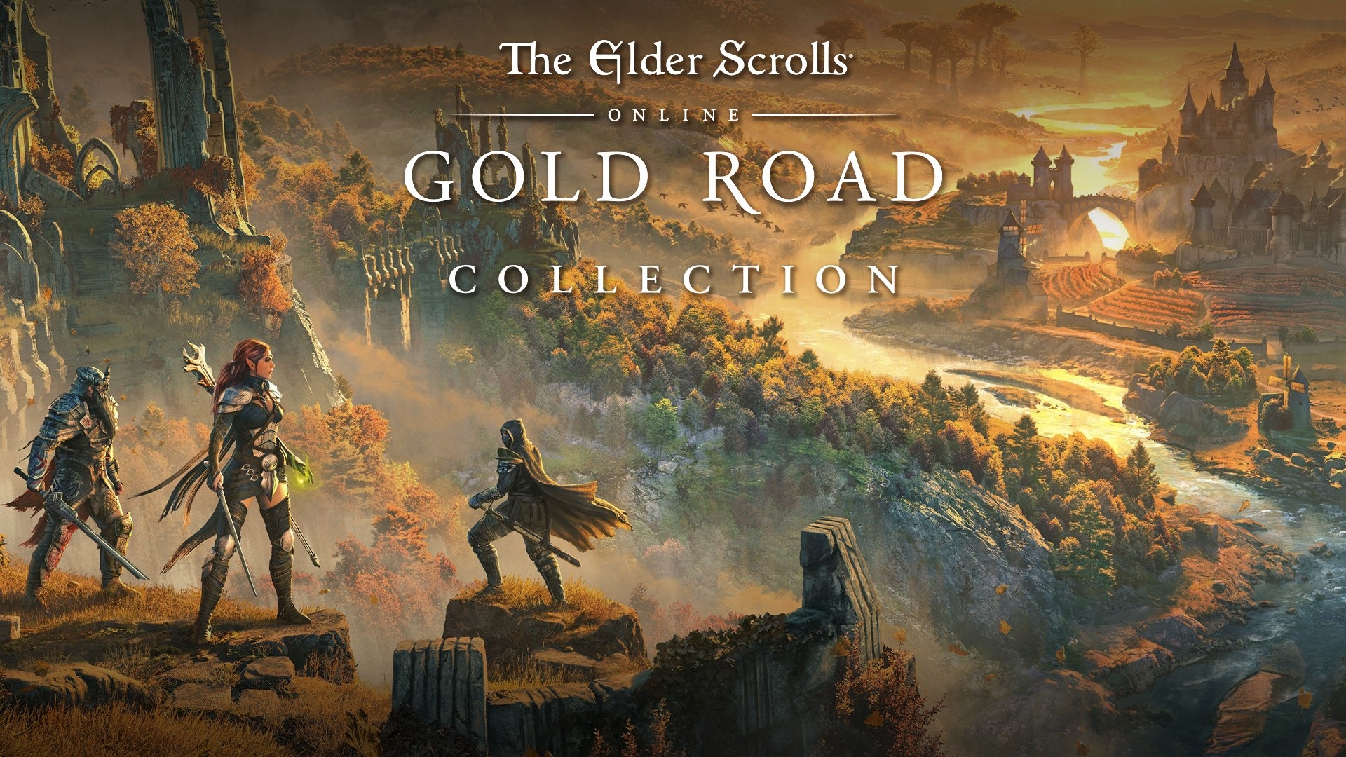 Characters in 'The Elder Scrolls Online: Gold Road Collection' stand on a cliff overlooking a scenic autumn landscape.