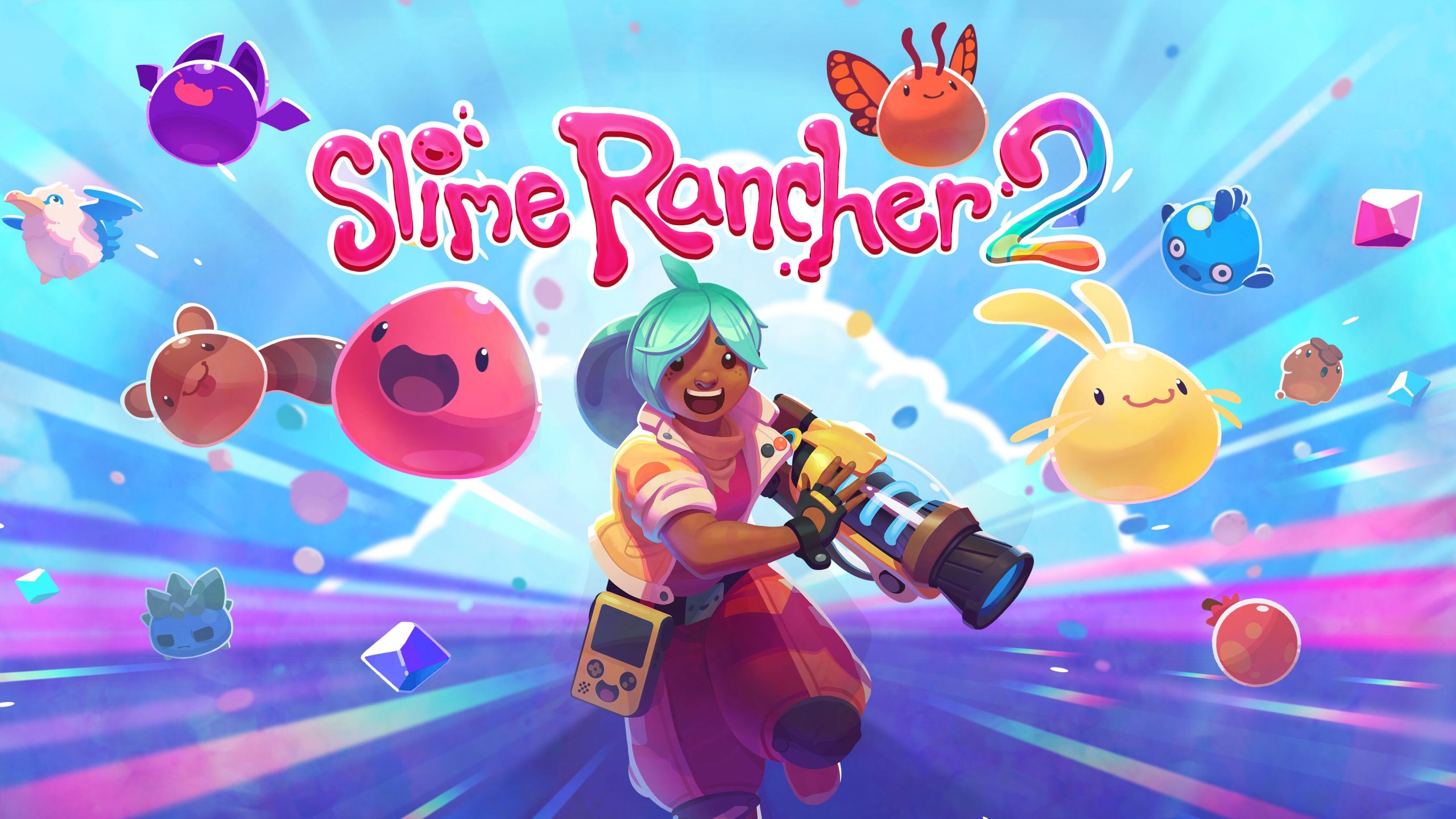 A colorful character wielding a vacuum-like device runs among animated creatures in the game 'Slime Rancher 2.'