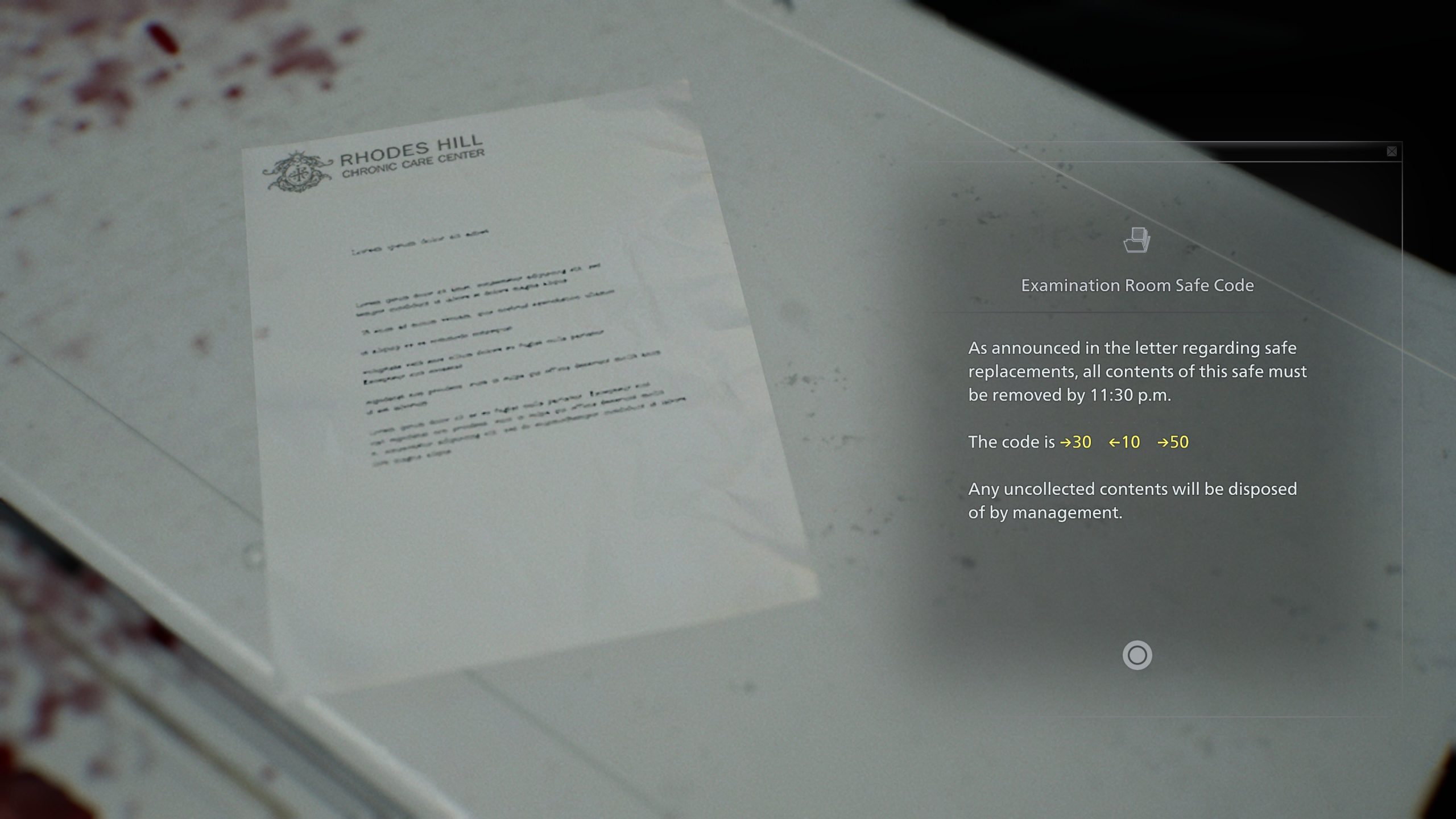 Un document de RHODES HILL CHRONIC CARE CENTER affiché avec le titre 'Code de coffre de la Salle d'Examen'.