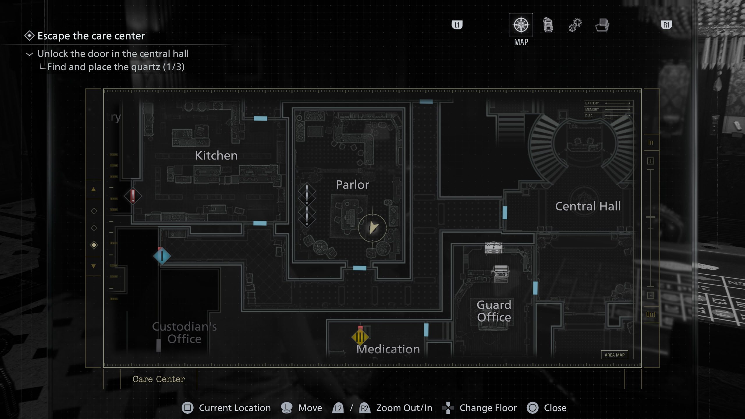 Map de Resident Evil Requiem montrant l'objectif 'Échapper au care center'.