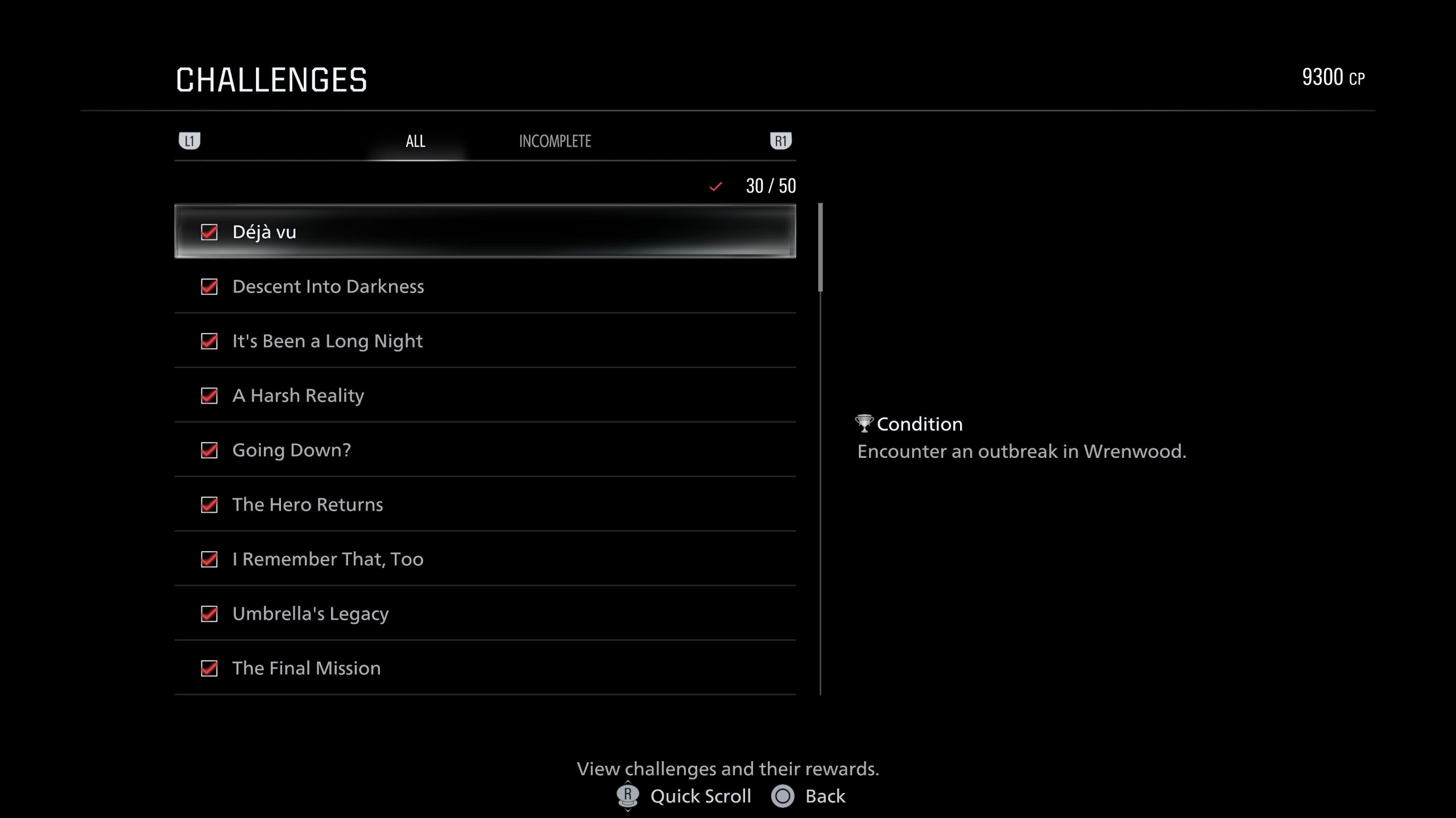 L'image montre un menu de défis de Resident Evil Requiem avec plusieurs tâches accomplies, y compris 'Déjà vu', 'Descent Into Darkness', et 'A'