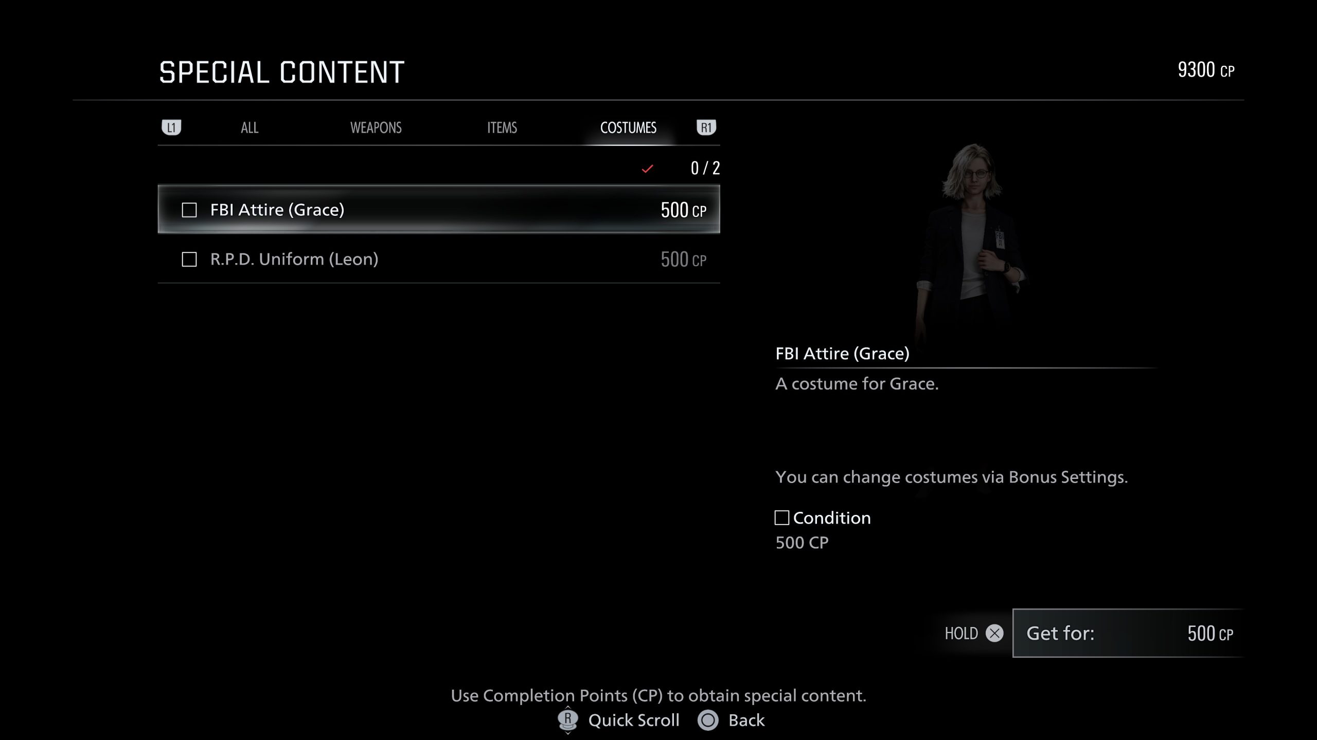 L'écran de Resident Evil Requiem affiche un menu intitulé 'Special Content' avec des options de costumes dont 'FBI Attire (Grace)' disponibles