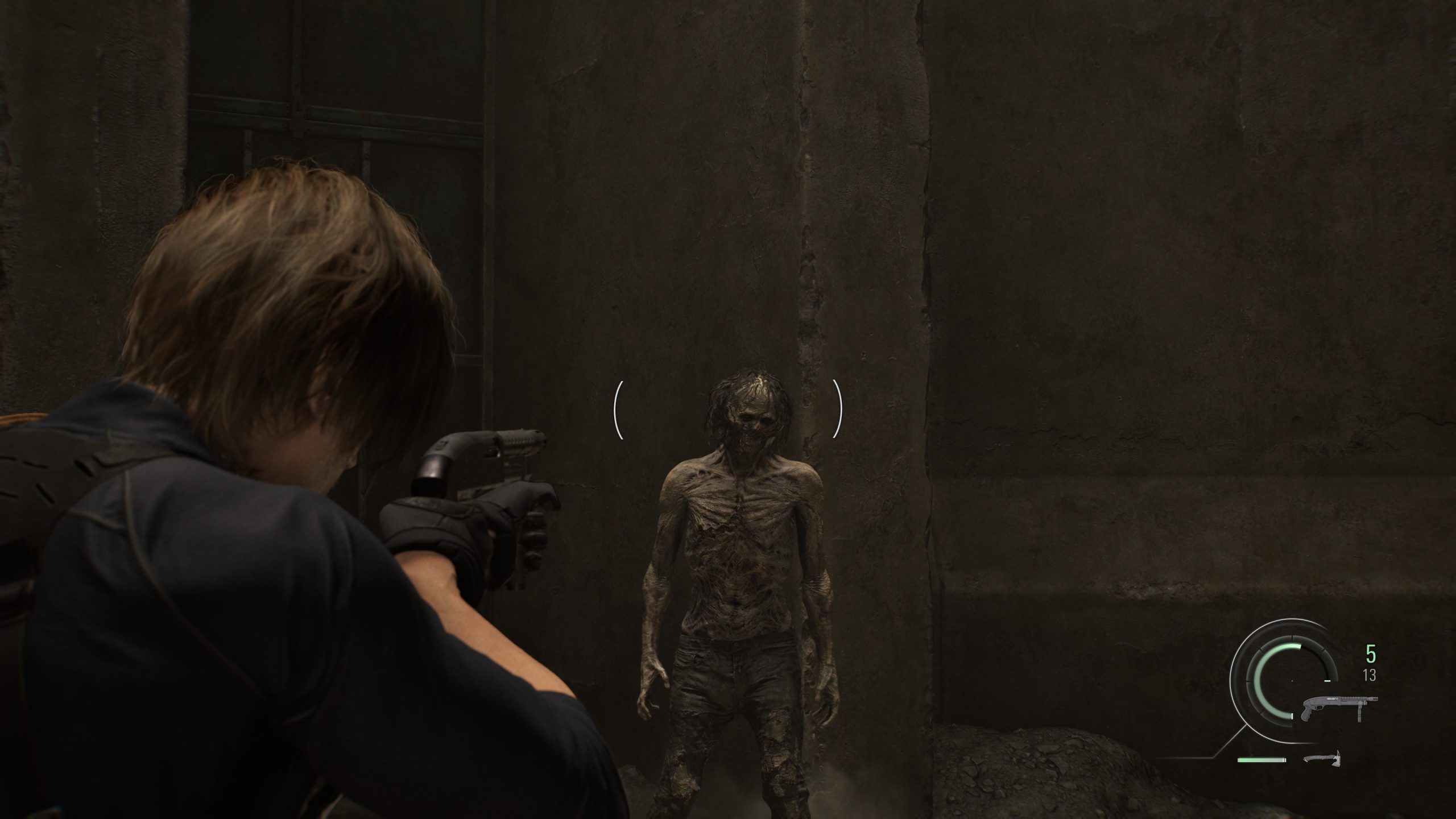A character in Resident Evil Requiem aiming a gun at a zombie in a dark alleyway.