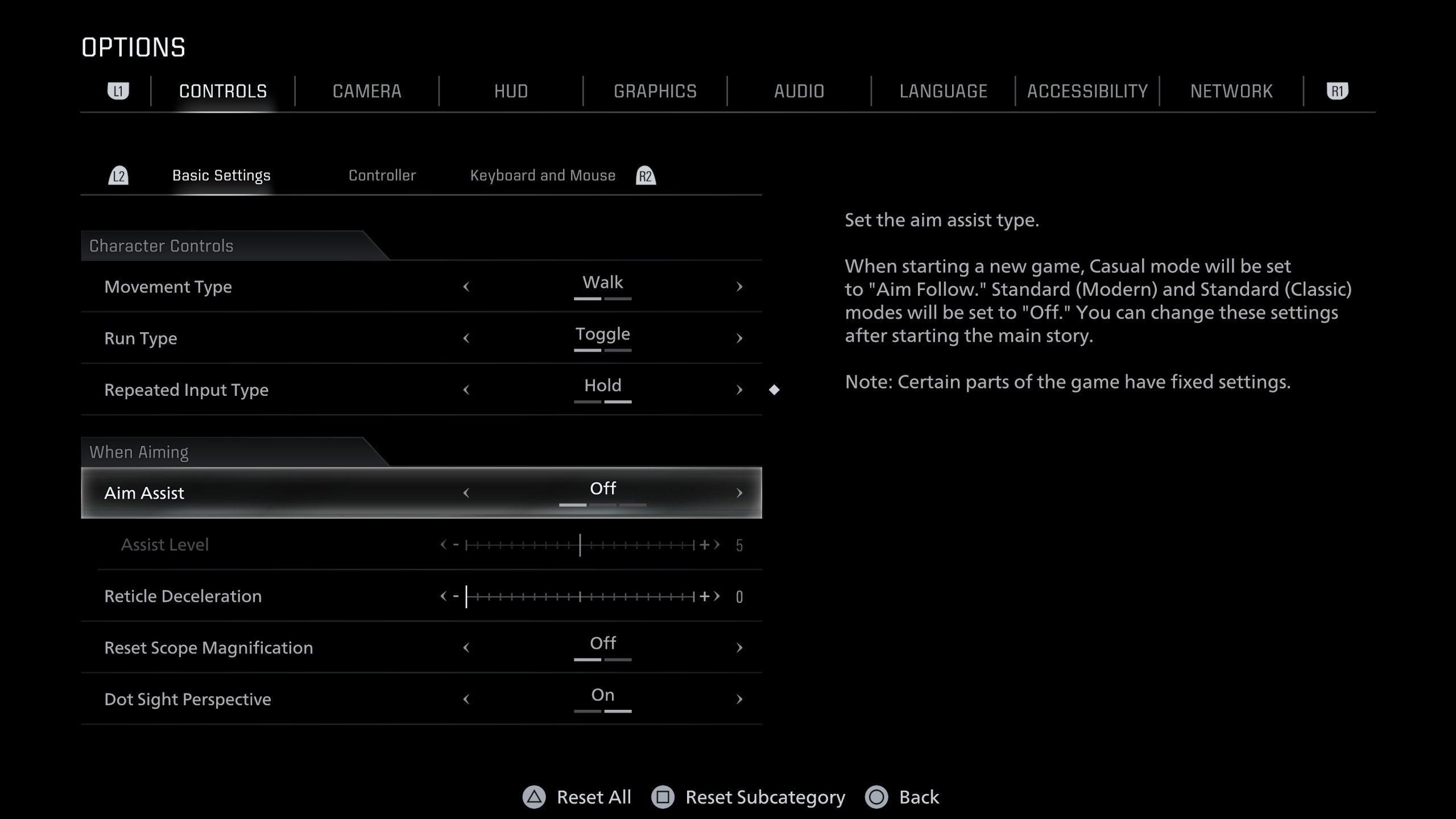 A Resident Evil Requiem game options menu highlighting the 'Aim Assist' setting as 'Off'
