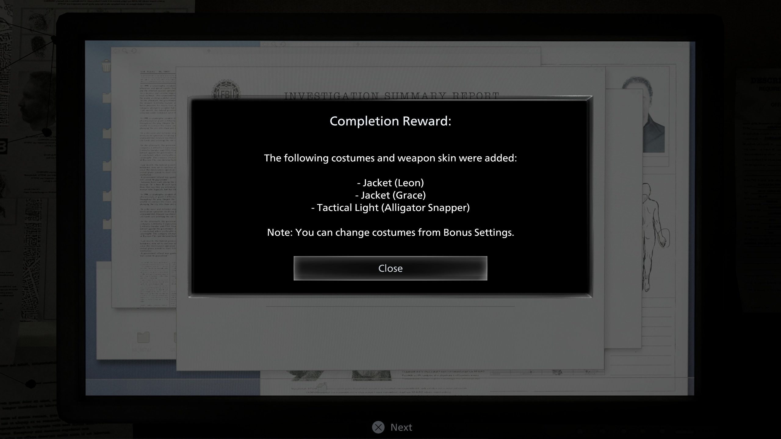 Notification 'Récompense de Complétion' dans Resident Evil Requiem