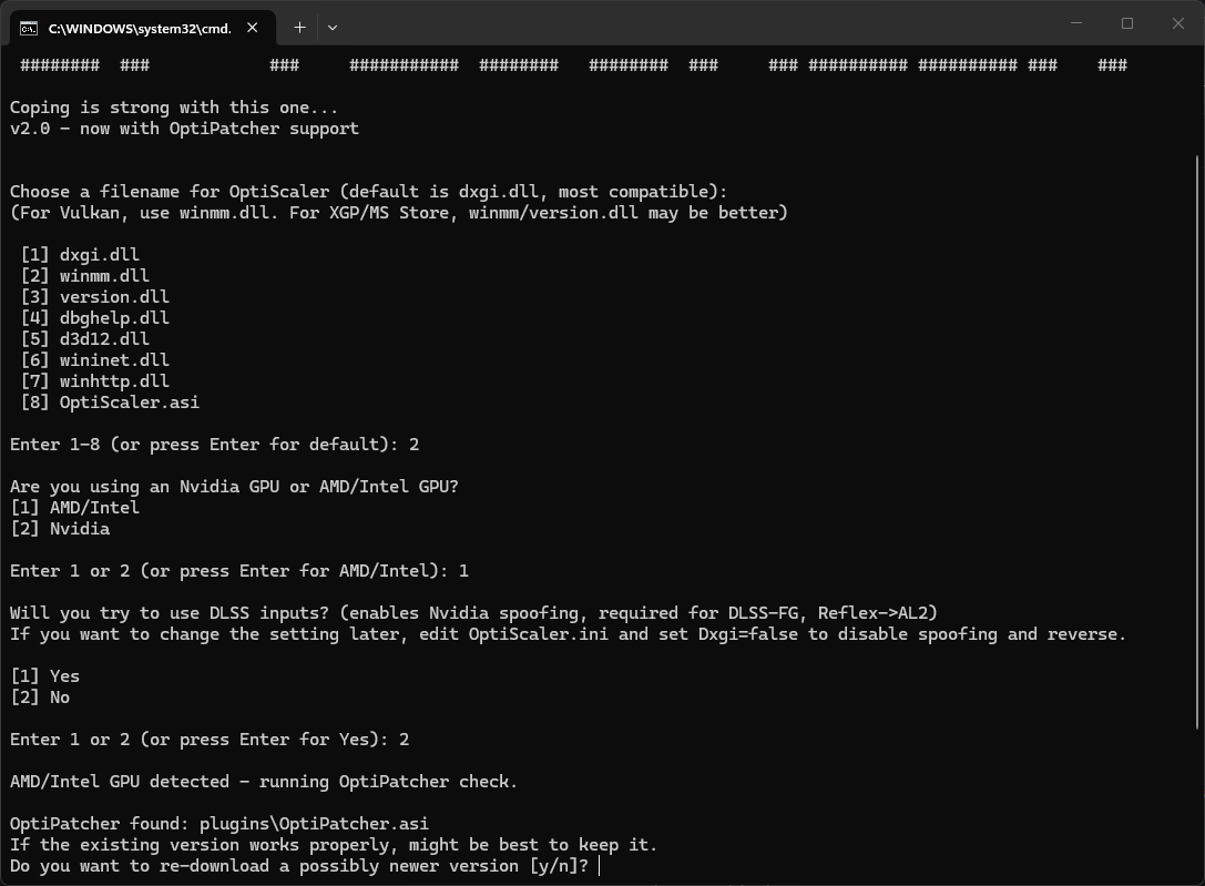 Fenêtre d'invite de commandes pour OptiScaler