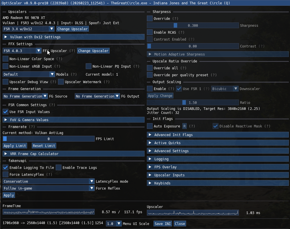 Interface du v0.9.0-pre10 d'OptiScaler utilisant Vulkan