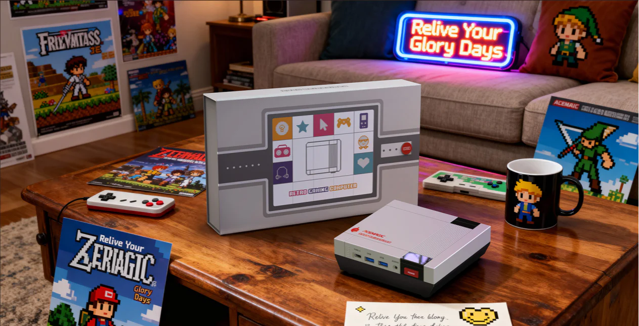 A retro gaming setup on a table includes a RETRO GAMING COMPUTER in a nostalgic box design, a gaming console resembling