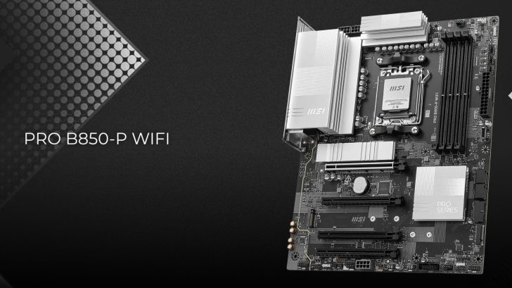 Une carte mère MSI PRO B850-P WIFI est affichée sur un fond sombre avec le texte 'PRO B850-P WIFI'.