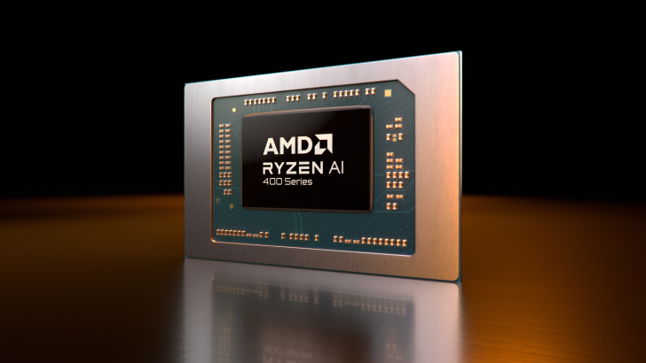 Un gros plan d'une puce AMD Ryzen AI 400 Series.