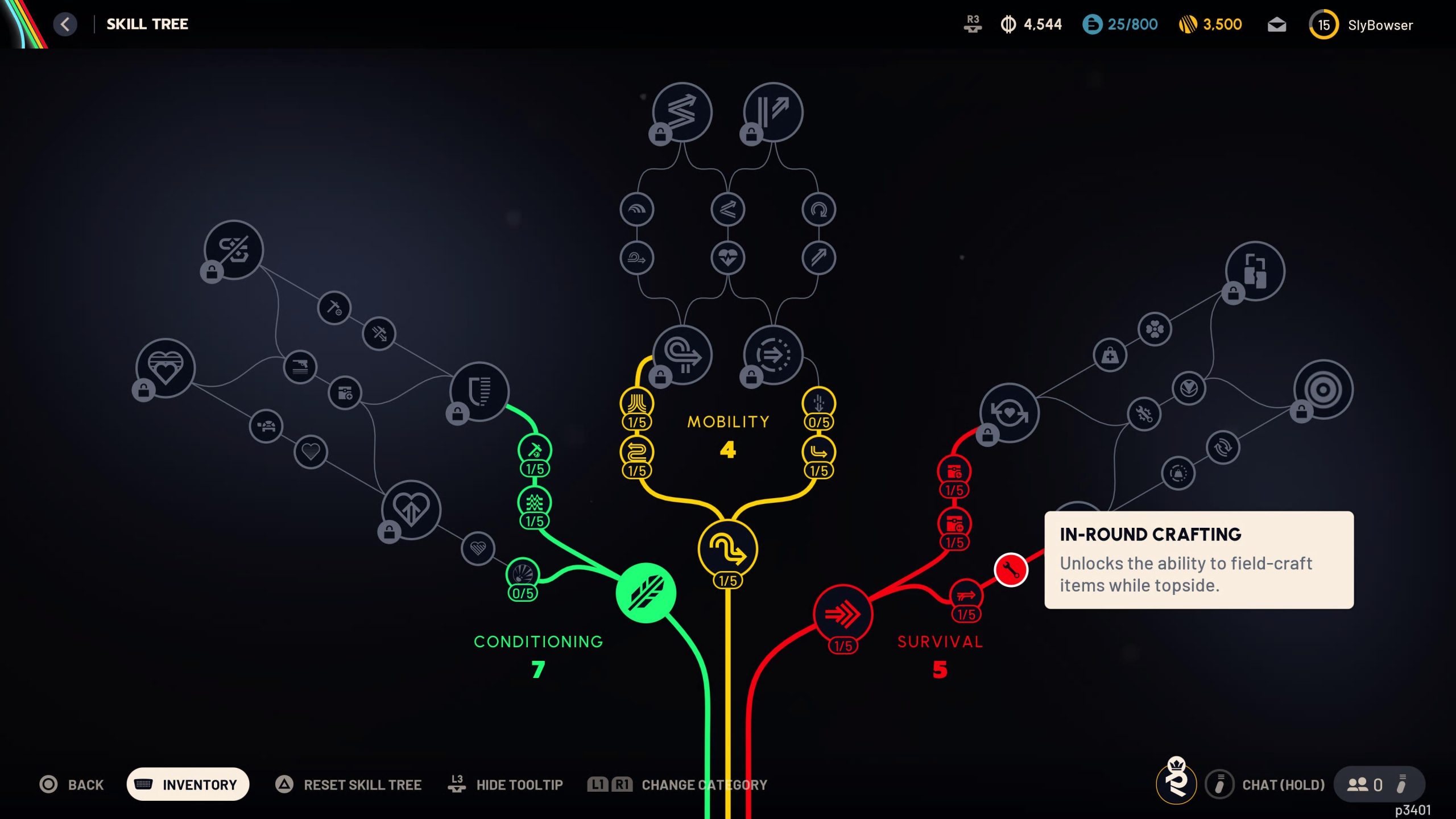 A game interface from the video game 'ARC Raiders' shows a skill tree labeled 'Skill Tree' with categories 'Conditioning,' 'Mobility,' and 'Survival'