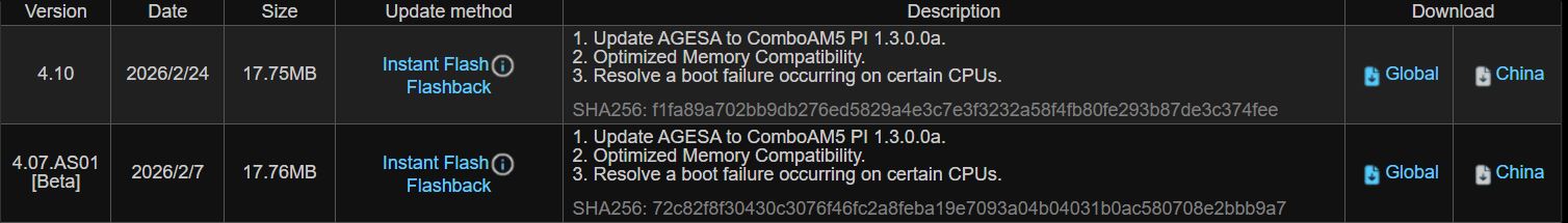 Tableau affichant les détails des versions du BIOS