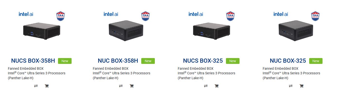 Quatre dispositifs NUC BOX étiquetés 'NUCS BOX-358H' et 'NUC BOX-325' avec processeurs Intel Core Ultra