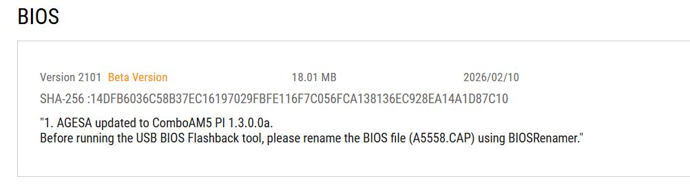 A screenshot titled 'BIOS' shows Version 2101, Beta Version, with instructions for updating AGESA to ComboAM5 PI 1.3.0.0a