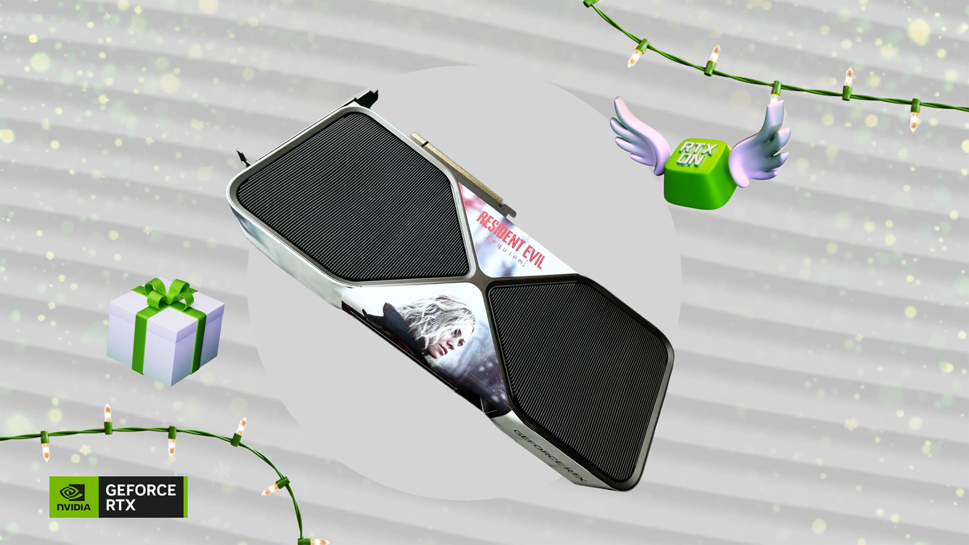 Une carte graphique NVIDIA avec un design inspiré de 'Resident Evil Requiem' est exposée avec des lumières de Noël.